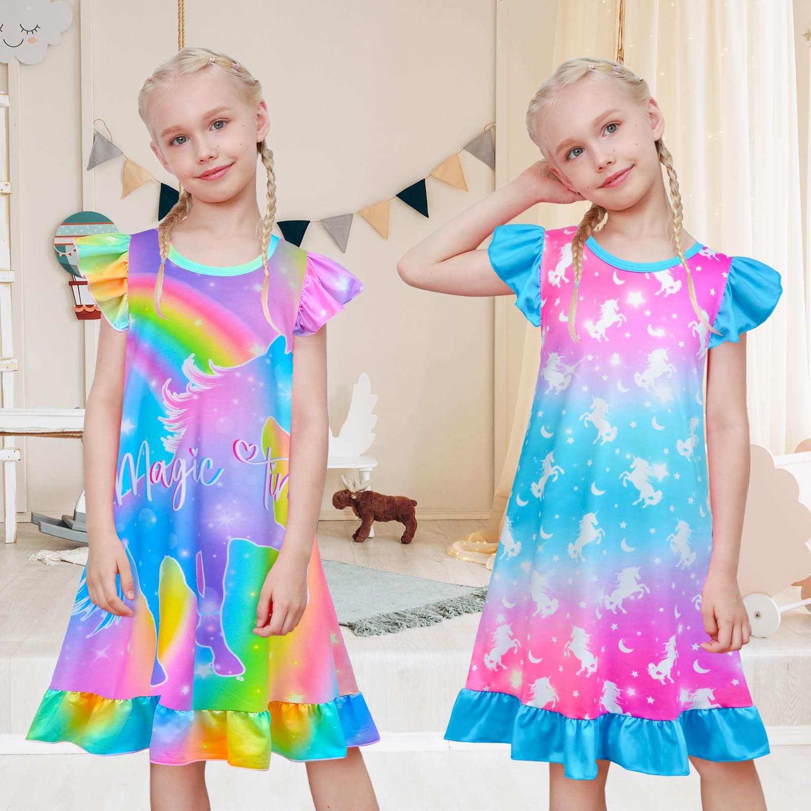 2-Pack Girls Nightgowns - Unicorn & Mermaid Pajama Set for Toddler Girls 3-9 Years | Princess Sleepwear for Kids | Soft & Comfortable for Bedtime, Sleepovers & Playtime