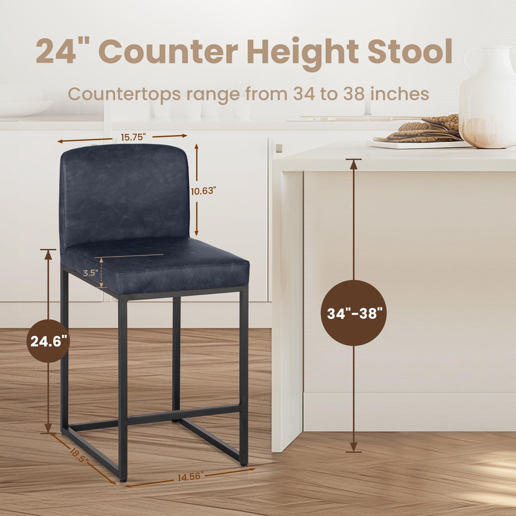 PHI VILLA 3-Piece Black Leather Bar Stool Set - 30