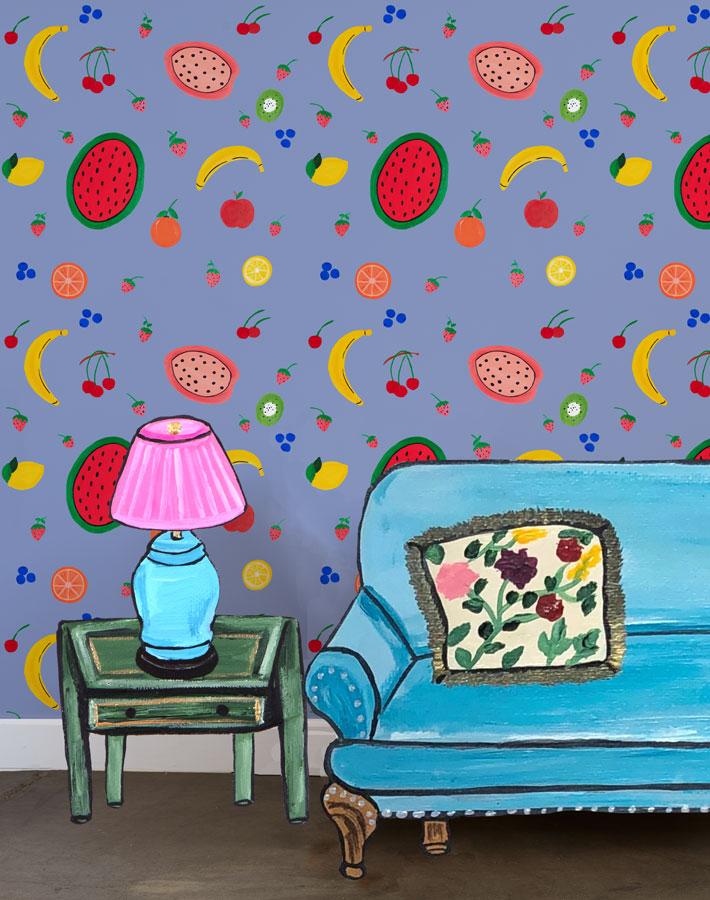 Fruit Punch Wallpaper by Carly Beck - Periwinkle Floral Peel and Stick Wallpaper for Bedroom, Nursery, or Home Office Decor
