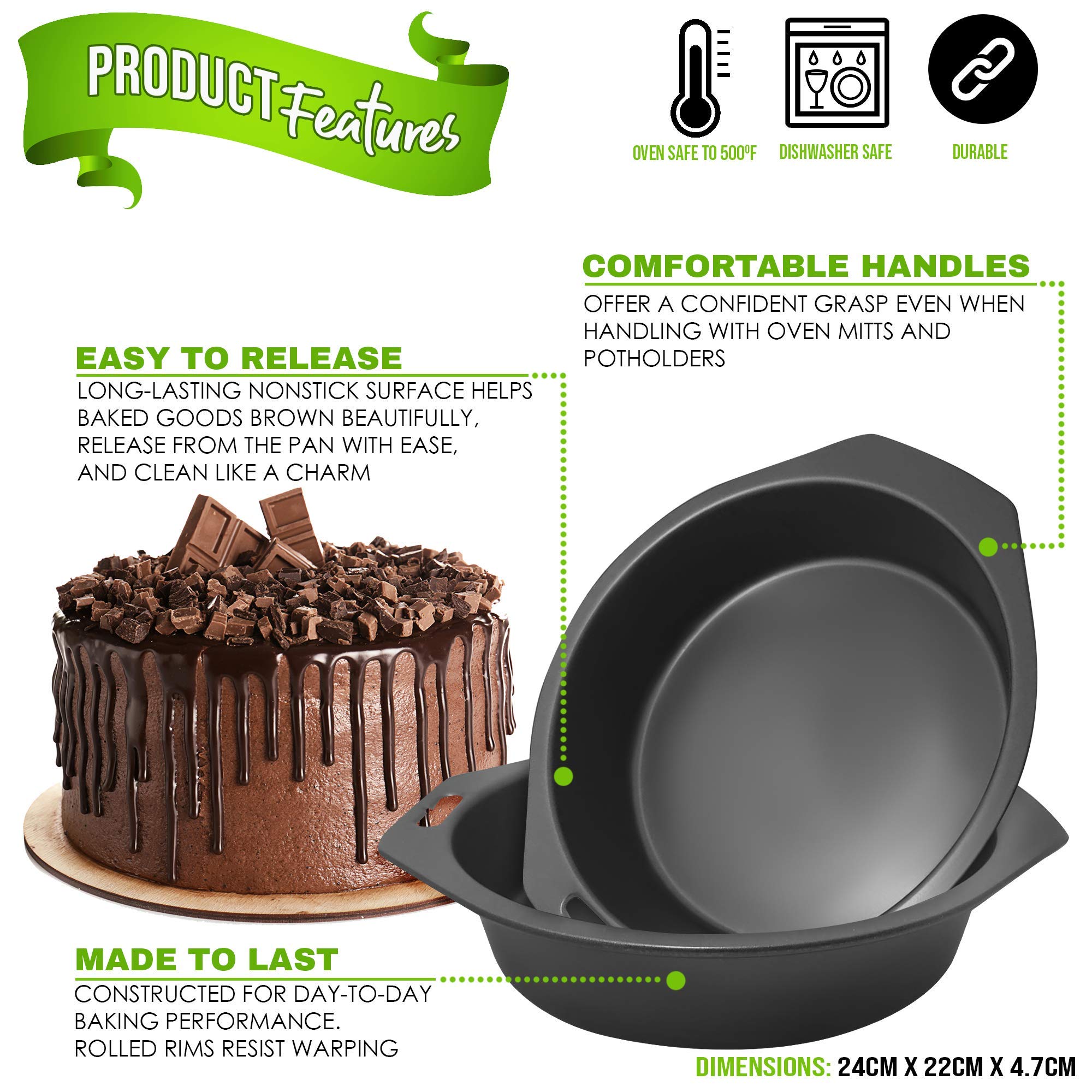 ebake Victoria Sponge Cake Tins - 2 Pack 8 Inch Non-Stick Round Cake Pans for Baking Cakes, Pies, Puddings - Easy Clean Black Carbon Steel Fixed Base with Handles - Perfect for Birthday Cakes, Tea Parties & Holiday Desserts