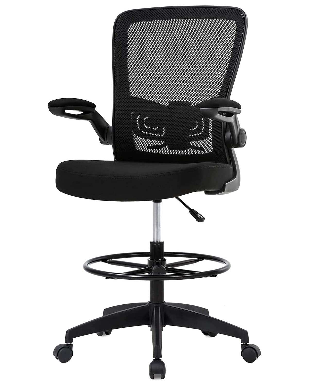 Ergonomic Drafting Chair with Footrest & Lumbar Support - Adjustable Height Mesh Office Chair, Rolling Task Chair with Flip-Up Armrests for Standing Desks - Perfect for Architects, Designers & Home Office (Black)