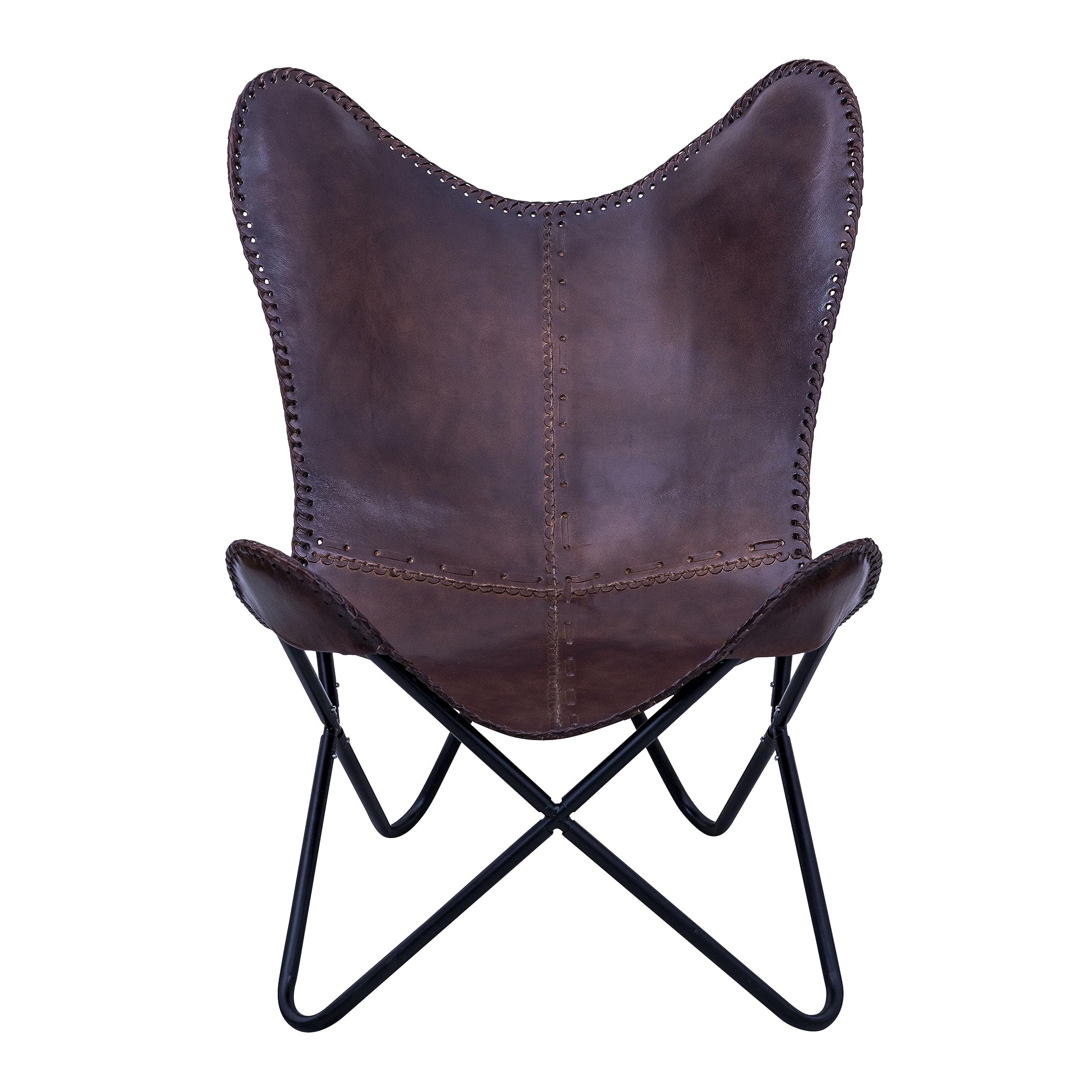Genuine Leather Butterfly Chair - Handmade Accent Armchair with Iron Frame, Comfortable Lounge & Recliner, Hand-Stitched Industrial Design - Perfect for Living Room, Patio, or Office Relaxation