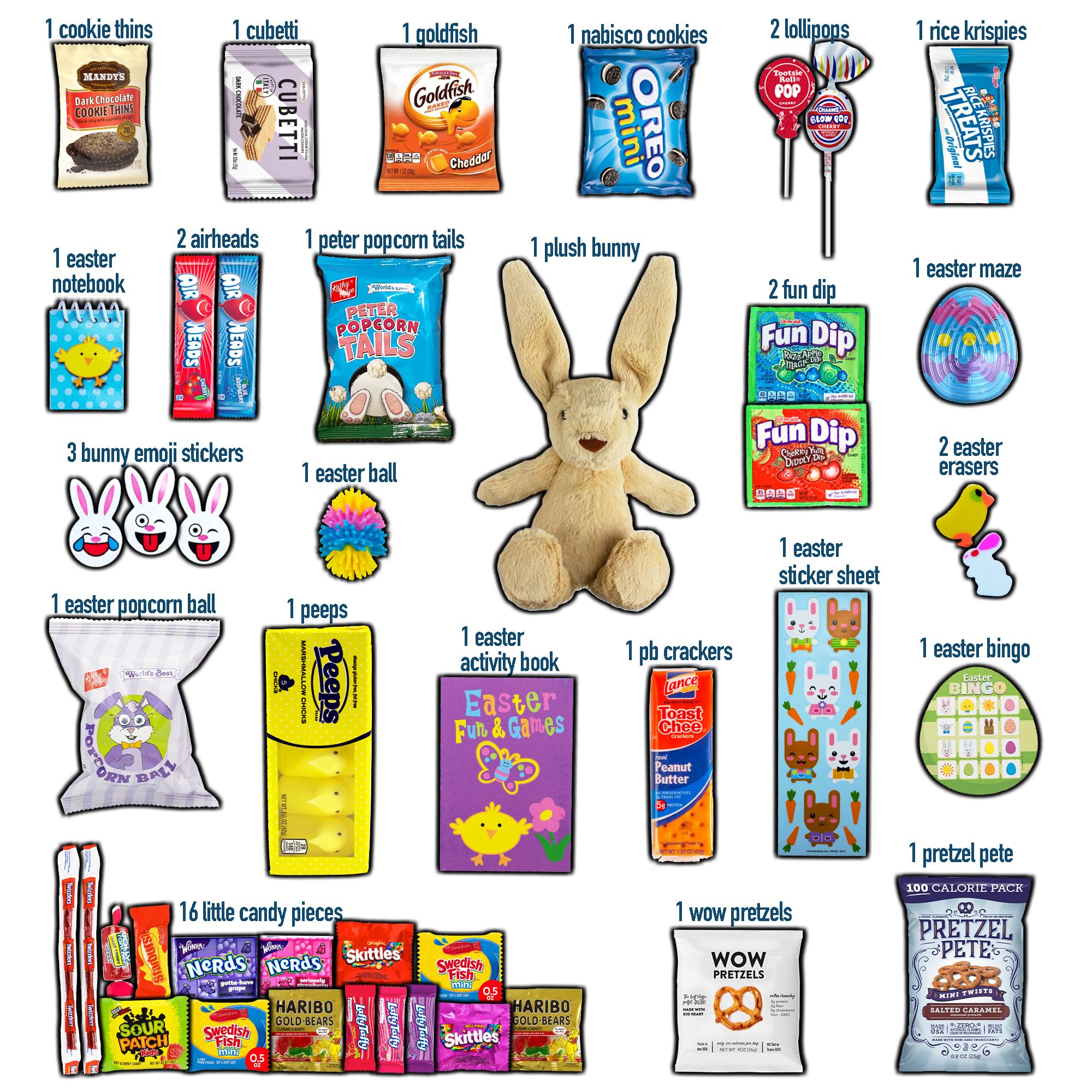 Blue Easter Basket for Kids & Adults (45 Pieces) - Prefilled Easter Gift Set with Plush Bunny, Candy & Snacks - Perfect for Boys, Girls, Toddlers & Family - Easter Party, Classroom Gifts & Holiday Celebrations