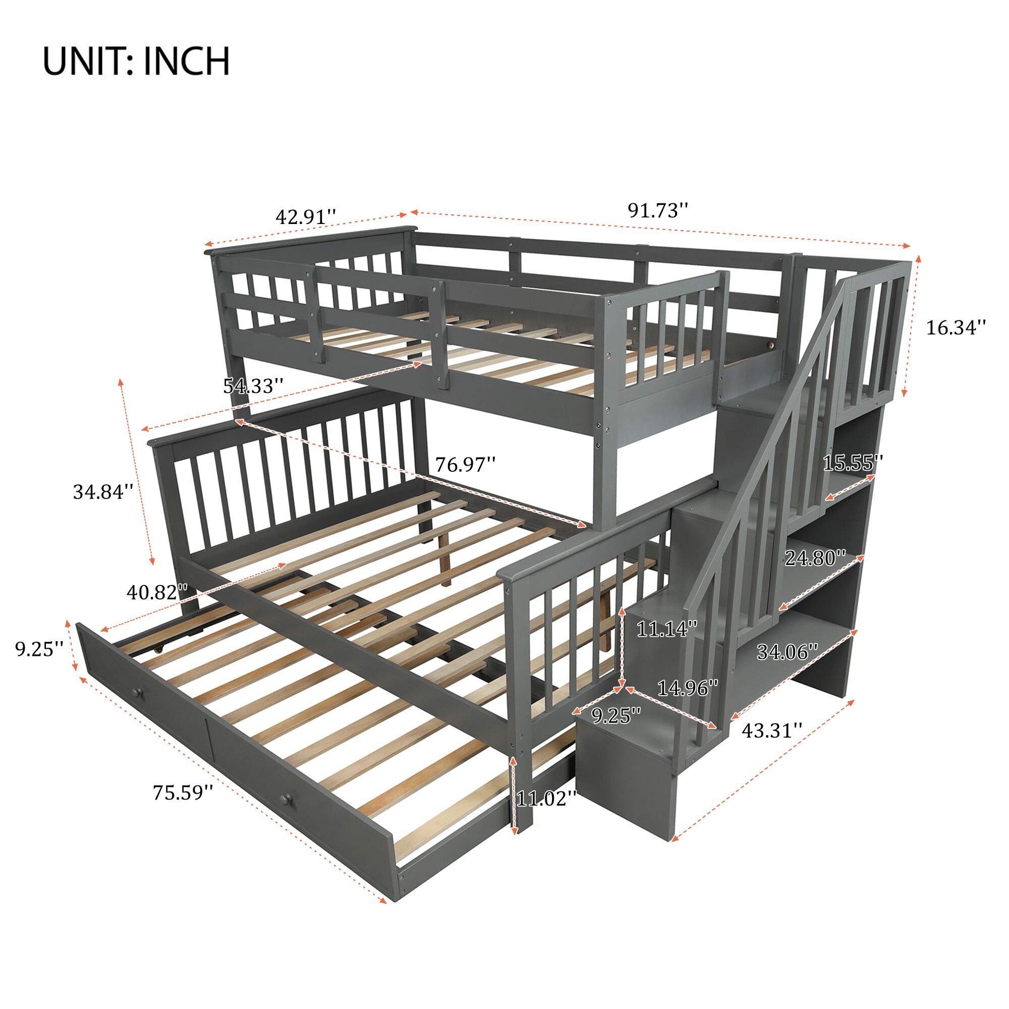 P PURLOVE Twin Over Full Bunk Bed with Twin Trundle - Sturdy Bunk Bed Frame with Stairway Storage & Safety Rails - Space Saving Solution for Bedroom, Dorm, Kids Room & Small Spaces (Gray) - Perfect for Sleepovers, Guest Rooms & Shared Bedrooms