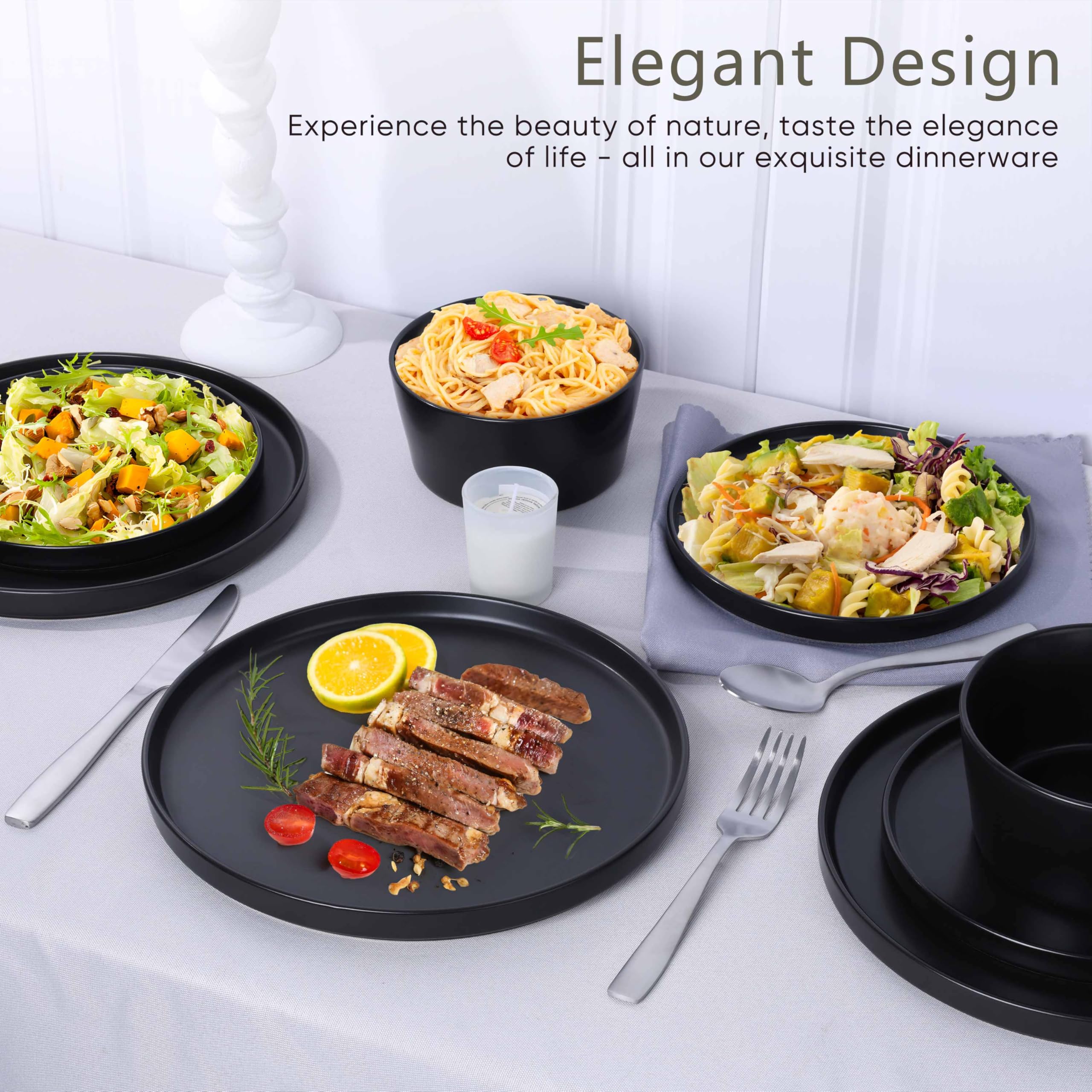 Herogo 18-Piece Stoneware Dinnerware Set for 6, Includes Dinner Plates & Bowls, Reactive Glaze Kitchen Dishes - Chip Resistant, Microwave & Dishwasher Safe, Matte Black - Perfect for Family Dinners, Restaurants, and Entertaining Guests