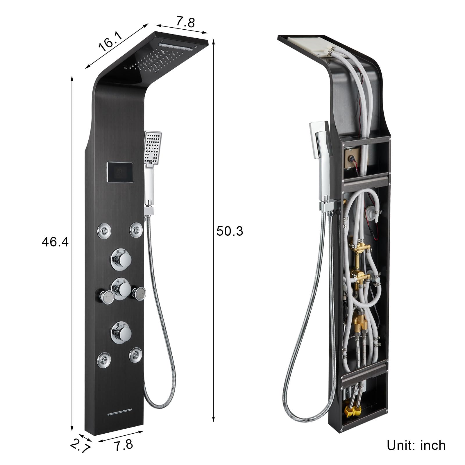 Black Stainless Steel LED Light Shower Panel System with Rainfall Shower Head, Massage Jets & Handheld Spray - Perfect for Modern Bathroom Renovation & Spa-Like Shower Experience