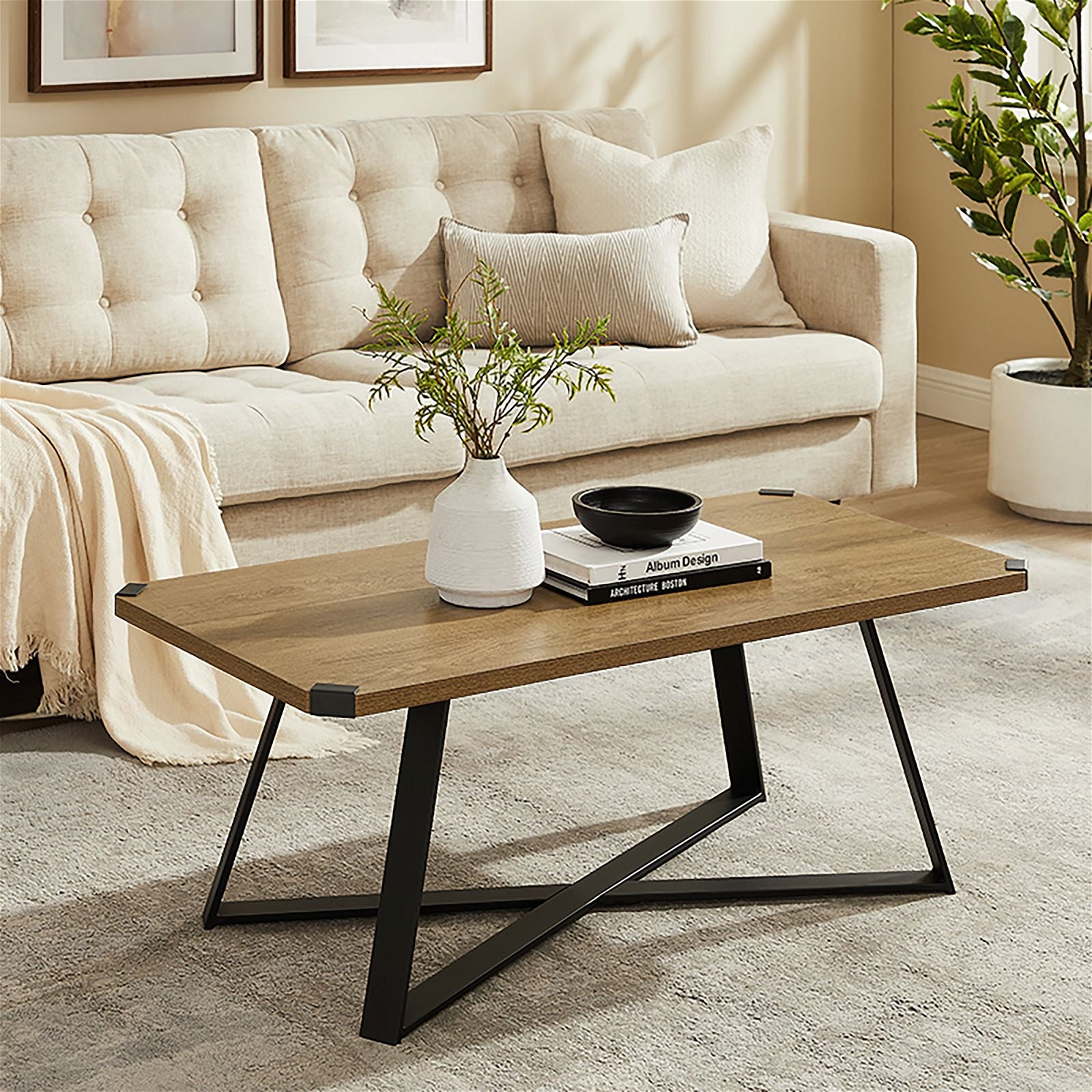 Criterion Capri 1100mm Dark Oak Coffee Table with Black Metal Legs & Metal Highlights - Perfect for Living Room, Lounge & Office Decor