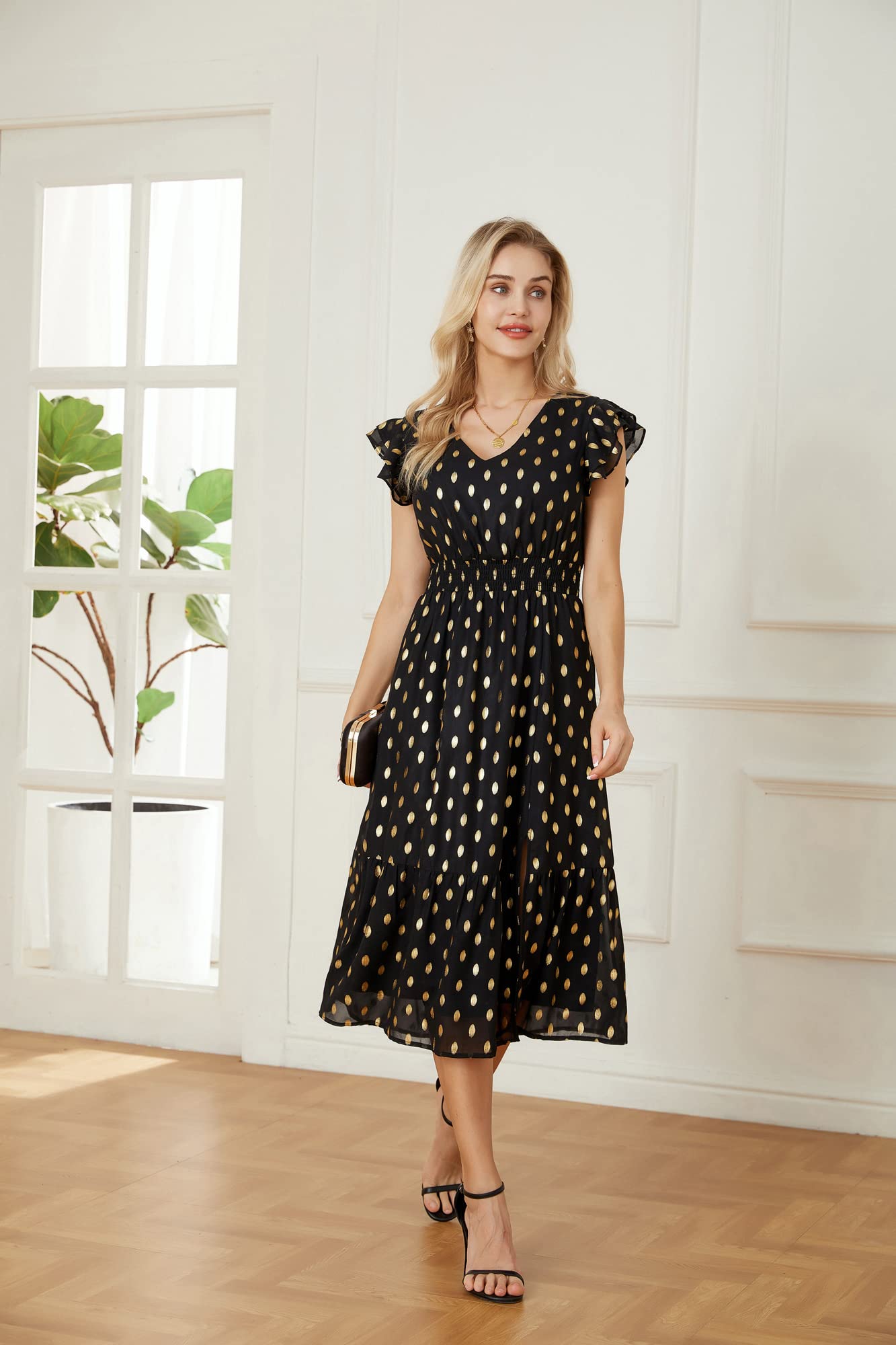 GRACE KARIN Women's V-Neck Ruffle Sleeve Summer Dress 2025 | Split Flowy Tiered Midi Dress for Wedding Guest & Cocktail Party | Beach Vacation, Garden Party & Date Night Outfits