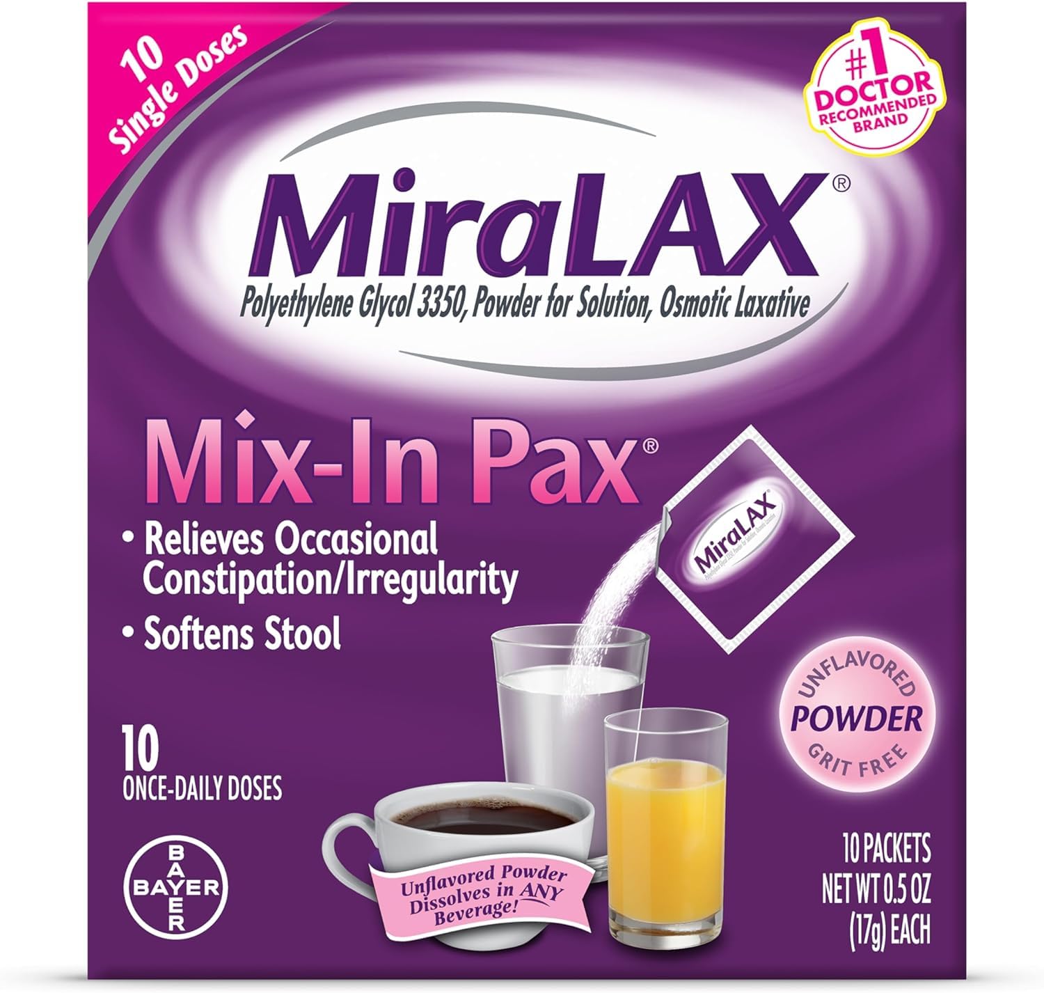 MiraLAX Laxative Powder Packets - 0.5 Ounce (14g) per Box | Fast-Acting Constipation Relief | Travel & Home Use for Adults & Seniors