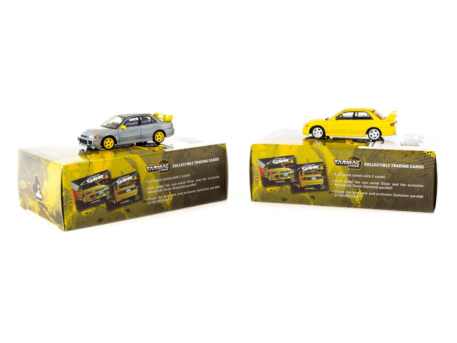 Tarmac Works 1/64 Scale Mitsubishi Lancer GSR Evolution III Diecast Model Car - Yellow with Tarmac Cards - Collectible Miniature Vehicle for Display & Racing Scenes - GLOBAL64 Series