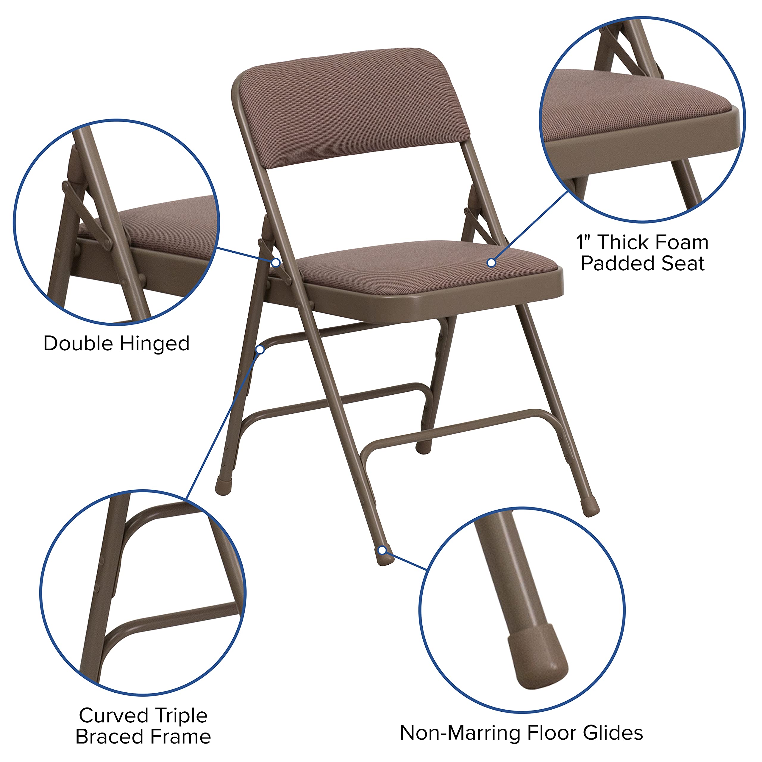 EMMA + OLIVER 2 Pack Beige Fabric Folding Chairs with Curved Triple-Braced Metal Frame - Perfect for Weddings, Parties, and Outdoor Events