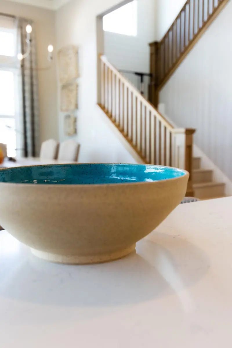 XL Speckled Tan & Turquoise Stoneware Serving Bowl - Handmade Ceramic Dish for Salads, Pasta, Soup | Perfect for Dinner Parties, Holiday Entertaining & Farmhouse Decor