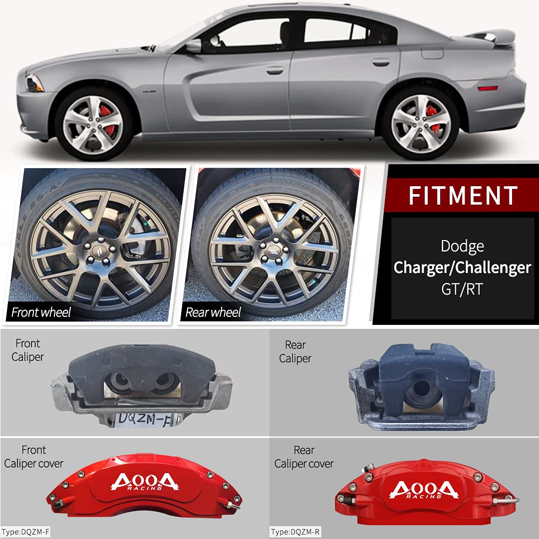 High-Quality AOOA Aluminum Red Caliper Covers with White Lettering - Compatible with Dodge Charger, Challenger & Chrysler 300 (Front Double Piston) - Upgrade Your Car's Brake Aesthetics for Street Racing & Show Cars