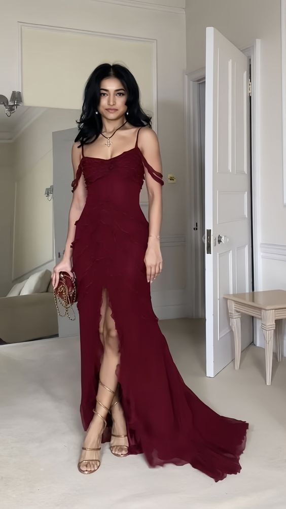 Elegant Burgundy Chiffon Formal Evening Gown with High Slit - Long Prom Party Dress J5307 for Women's Special Occasions & Red Carpet Events