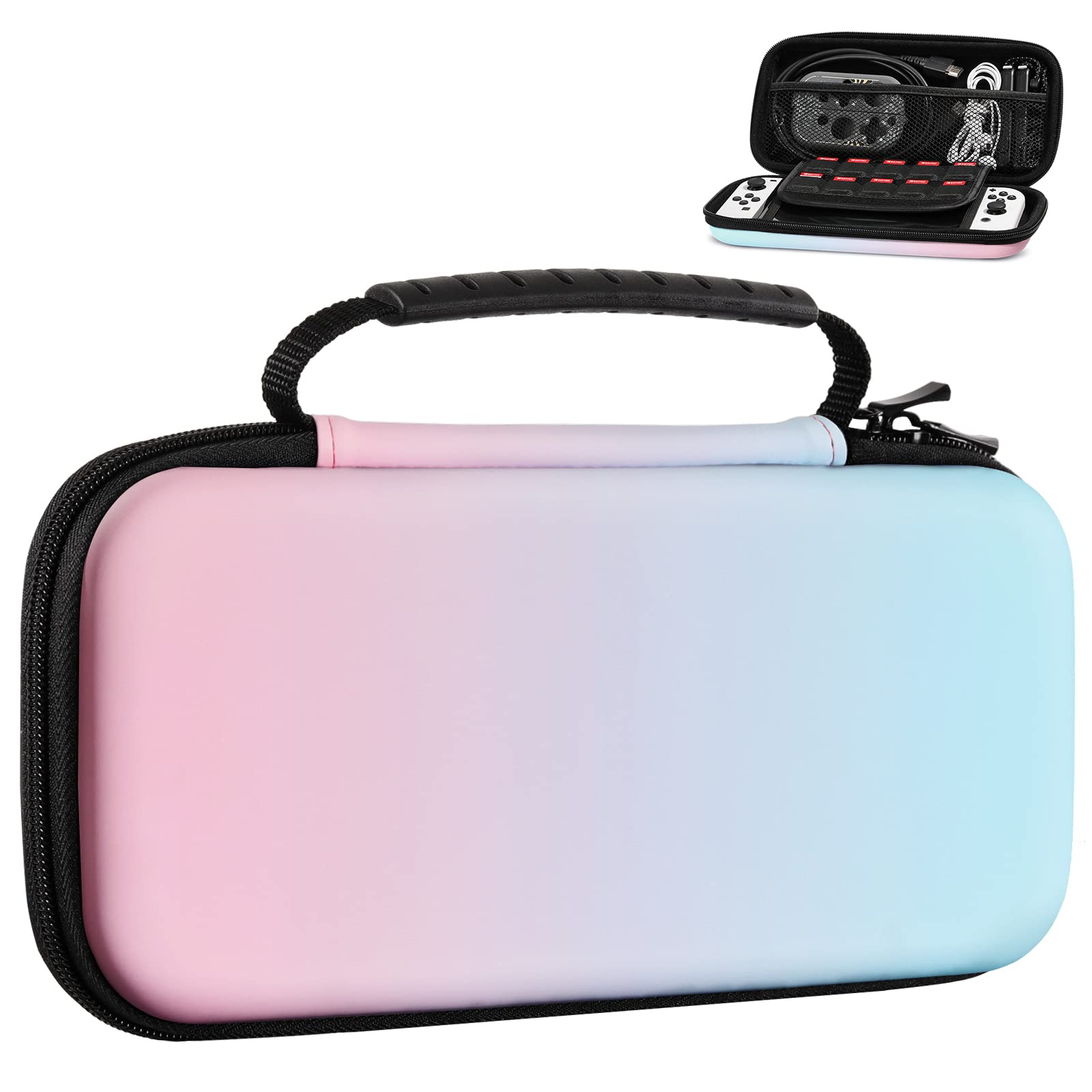 MoKo Hard Shell Travel Carrying Case for Nintendo Switch OLED Model & Switch Console - Protective Portable Case with 10 Game Card Slots - Compatible with Switch Accessories (Blue Pink) - Perfect for Gaming On-The-Go, Travel Protection & Storage