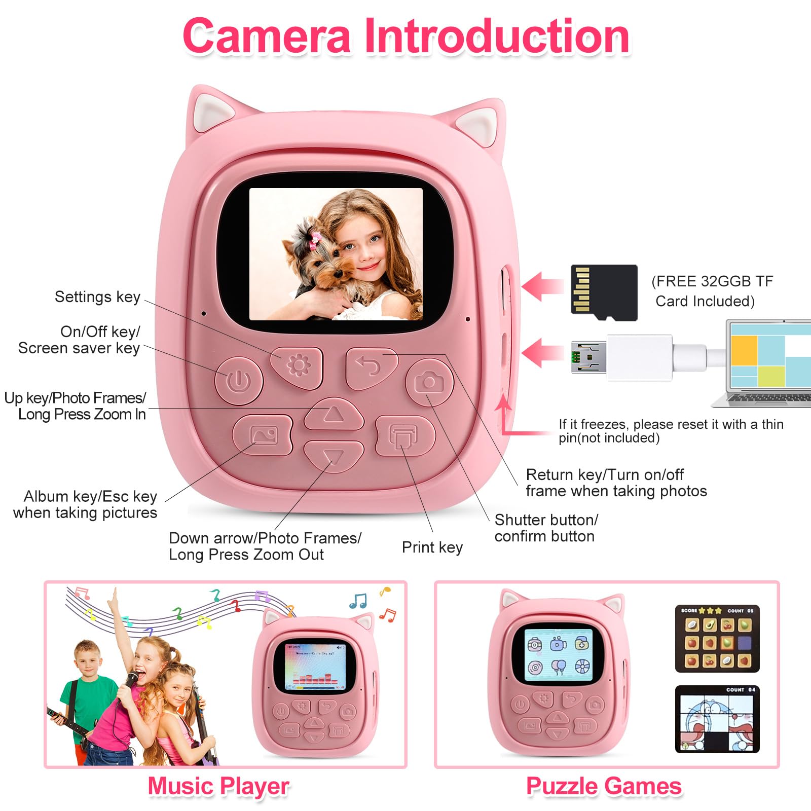 MINIBEAR Instant Print Camera for Kids - 50MP Digital Camera with Selfie & Video, Christmas Birthday Gifts for Girls and Boys - Perfect for Parties, Travel & Family Memories