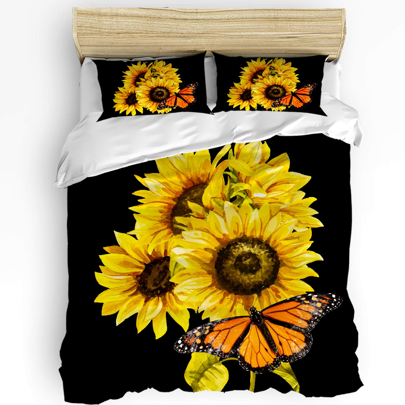 Full Size Duvet Cover Set 3 Pieces - Yellow Sunflower & Butterfly Design on Black Background, Soft Bedding with Zipper Closure & Corner Ties - All Season Comforter Cover for Bedroom Decor, Guest Room, Dorm