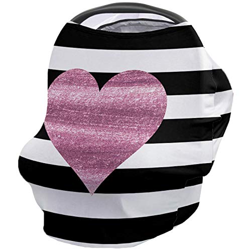 Breastfeeding Cover Scarf - Stretchy Soft & Breathable Nursing Poncho for Baby, Kids Car Seat & Stroller Cover - Heart Pink & Striped White Black Design - Perfect for Nursing Privacy, Travel & Outdoor Use