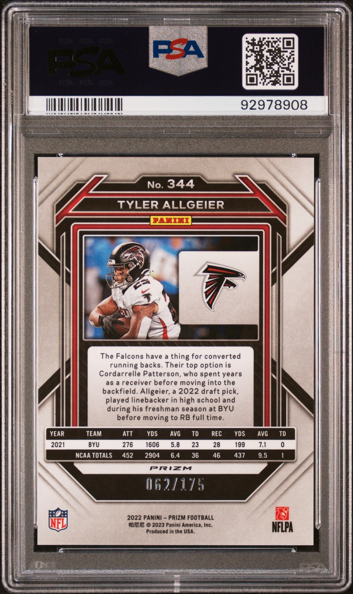 2022 Panini Green Hyper Prizm Football Card PSA 10 Tyler Allgeier Rookie RC 062/175 #344 - Perfect for Collectors and Sports Memorabilia Displays