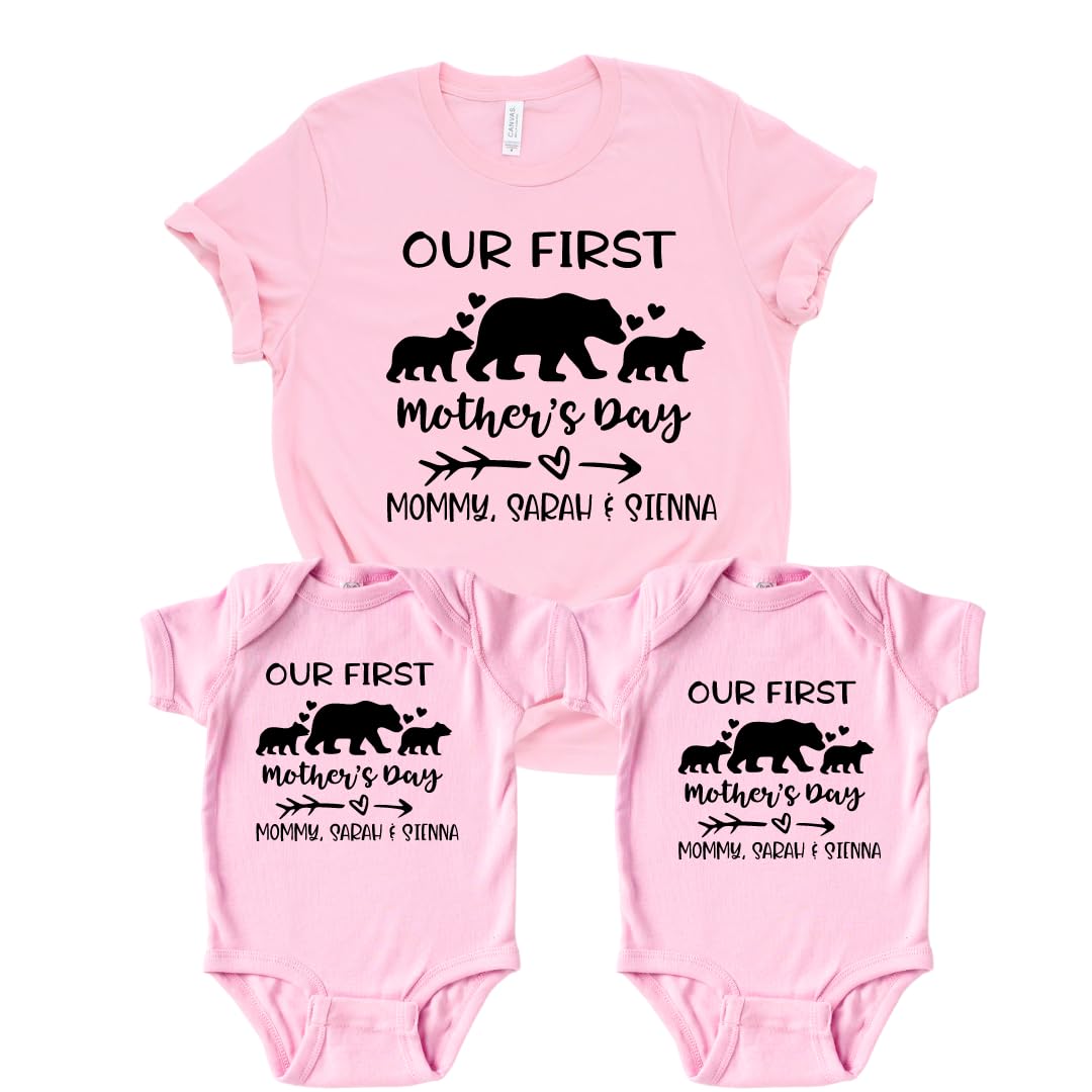 Twin Mom First Mother's Day Matching Outfit Set for Baby and Mom - Personalized Mommy & Me Shirts with Names for Baby Boy or Girl - Perfect 1st Time Mom Gift for Twins Mama - Ideal for Mother's Day Photos, Family Matching Outfits & Special Celebrations
