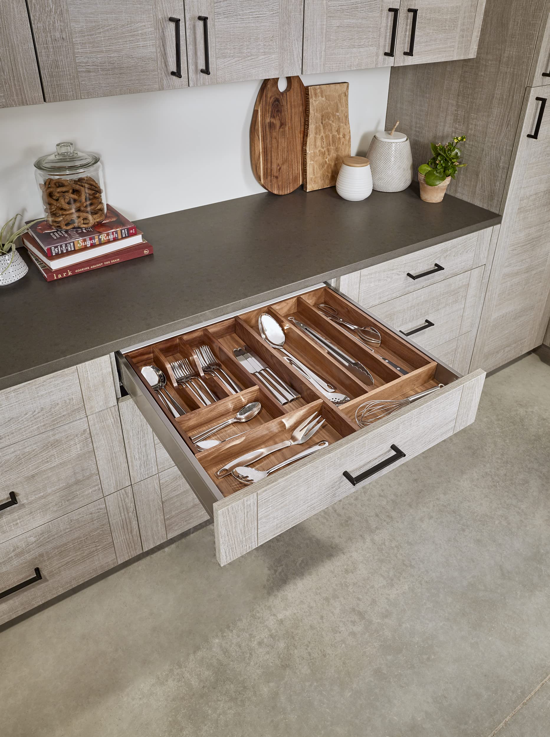 REV-A-SHELF Walnut Trim-to-Fit Shallow Utensil Drawer Organizer - Kitchen Drawer Insert for Knives, Spoons & Cooking Tools - Perfect for Home Kitchen Organization & Storage