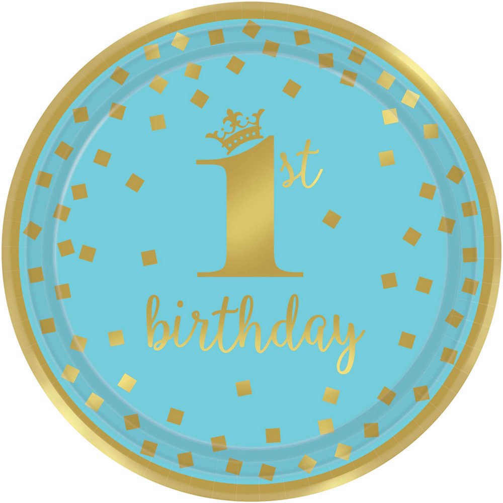 Amscan Metallic Blue & Gold Confetti 1st Birthday Party Plates (8 Pack) - Perfect for Baby's First Birthday Celebrations, Baby Showers & Themed Parties