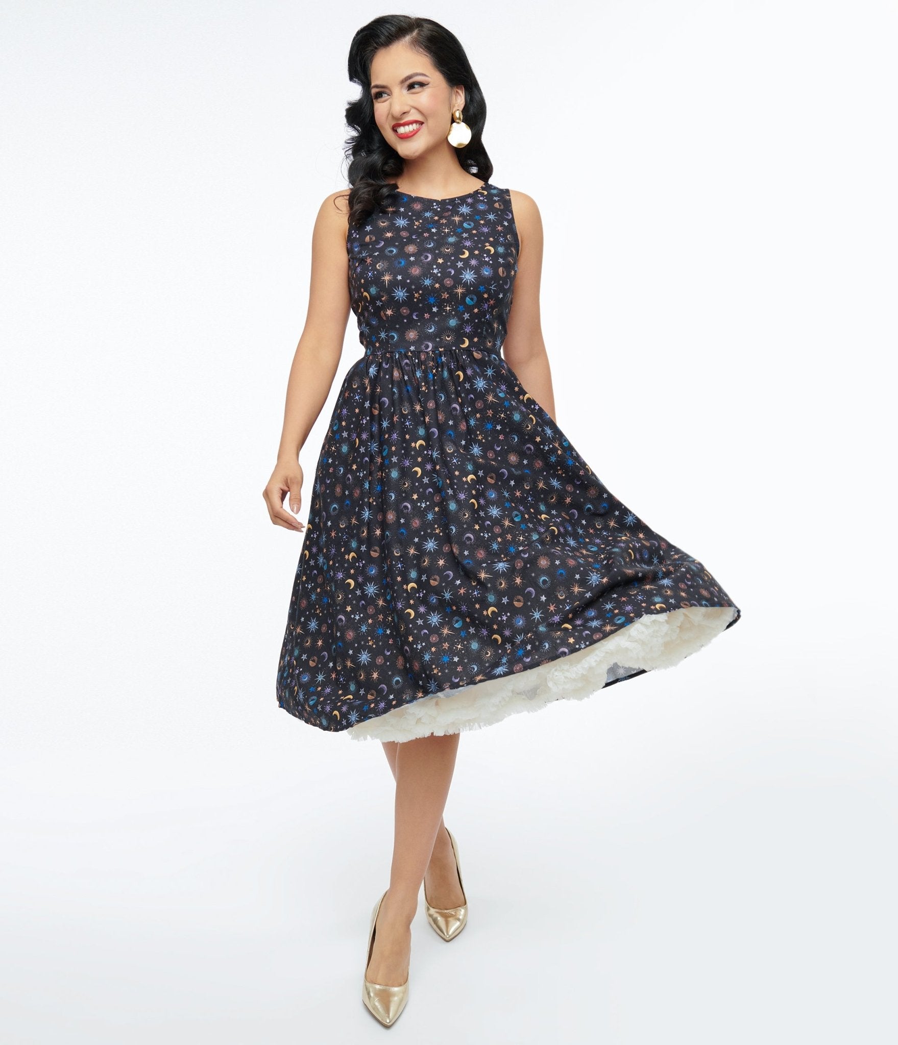 Vintage 1950s Black Celestial Stars & Moon Print Midi Dress - Retro Swing Dress for Women, Perfect for Cocktail Parties, Date Nights & Themed Events