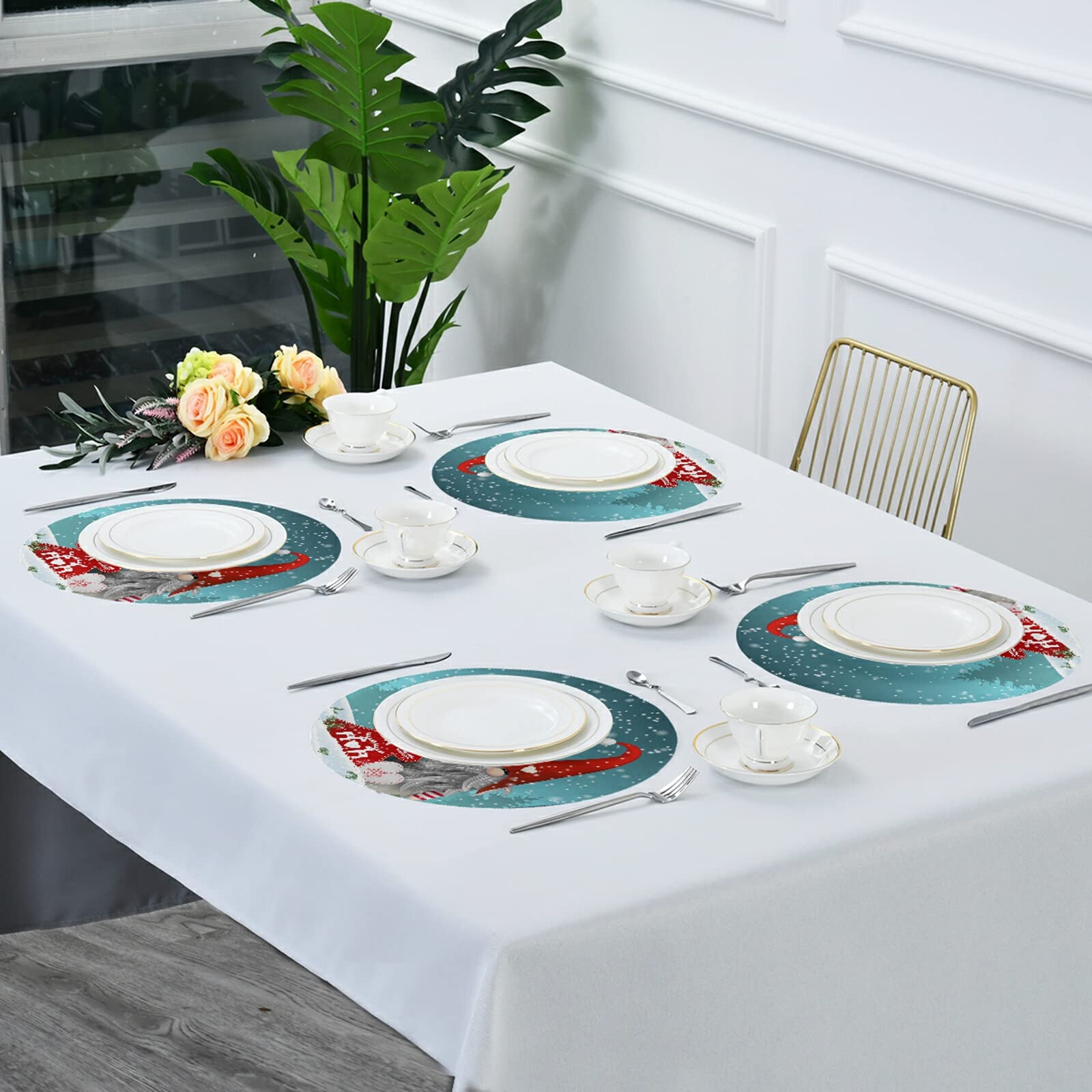 Christmas Gnome Snowy Round Placemats Set of 6 - Heat Insulated Non-Slip Washable Table Mats for Holiday Dining - Perfect for Christmas Dinner, Winter Parties & Festive Home Decor