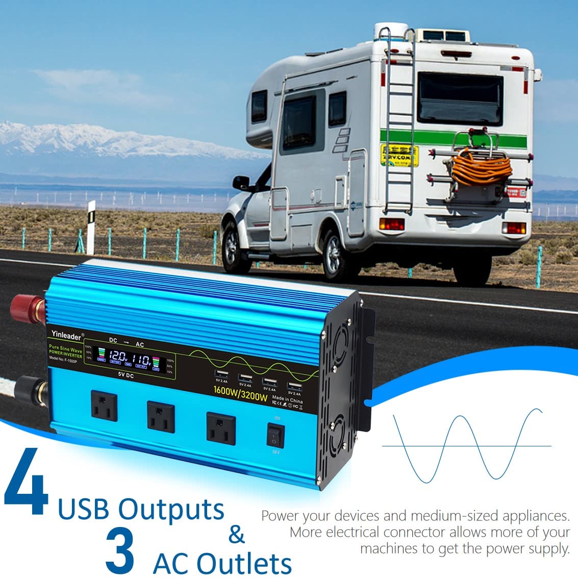 Yinleader 1600W Pure Sine Wave Power Inverter - DC 12V to AC 110V Converter with LCD Display, Wireless Remote, 3 Outlets & 4 USB Ports - Ideal for Cars, Trucks, RVs, Home Use & Charging Laptops, Phones, Appliances