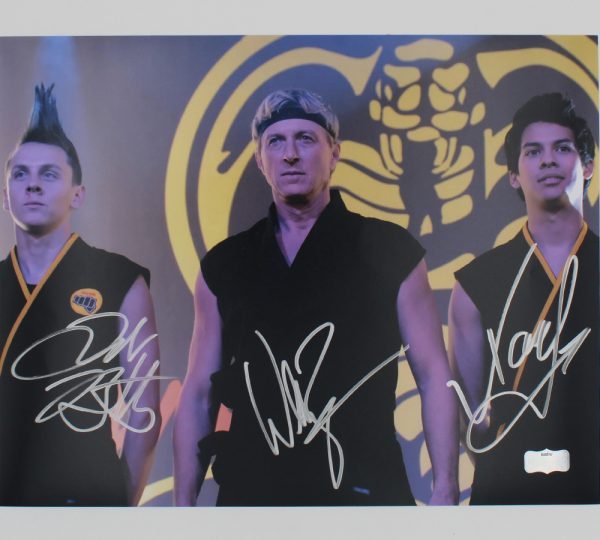 Zabka, Mariduena & Bertrand Autographed Cobra Kai 11x17 Photo - Signed Memorabilia for Fans, Collectors & Home Decor - Perfect for Movie Night, Man Cave & Karate Enthusiasts
