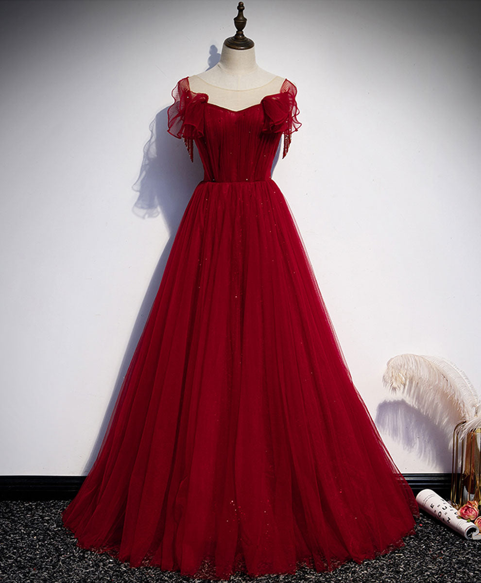 Elegant Burgundy Tulle Long Prom Dress with Round Neck - Perfect for Formal Dances, Evening Galas & Special Occasions