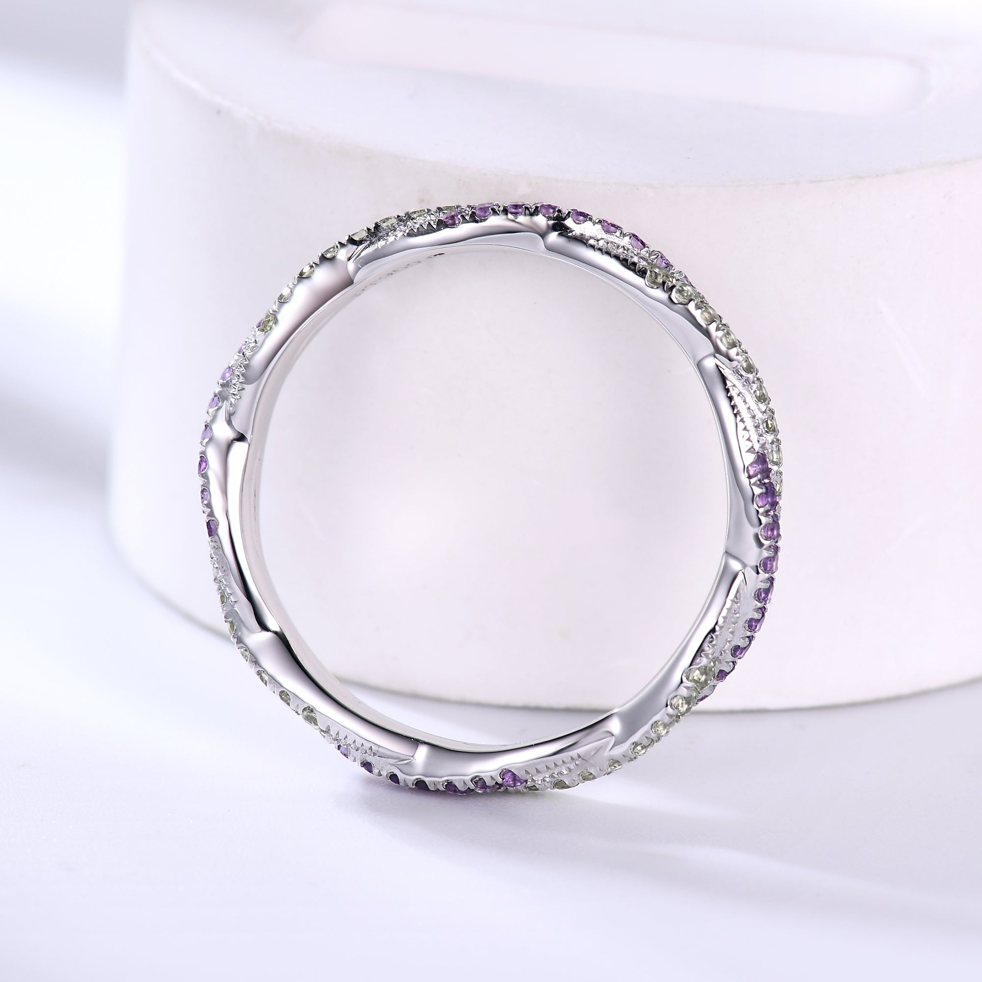Natural Amethyst & Peridot Twisted Double Row Wedding Band - Crystal Full Eternity Ring for Women - Perfect for Engagement, Anniversary & Bridal Jewelry Gifts