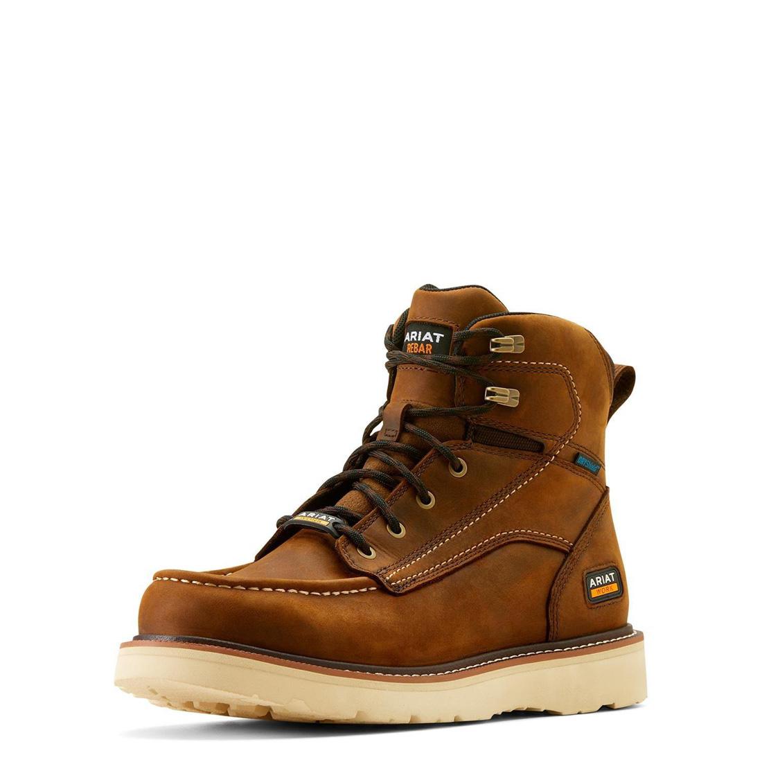 Rebar 6 inch Soft Toe Waterproof Moc Toe Wedge Boot Distressed Brown