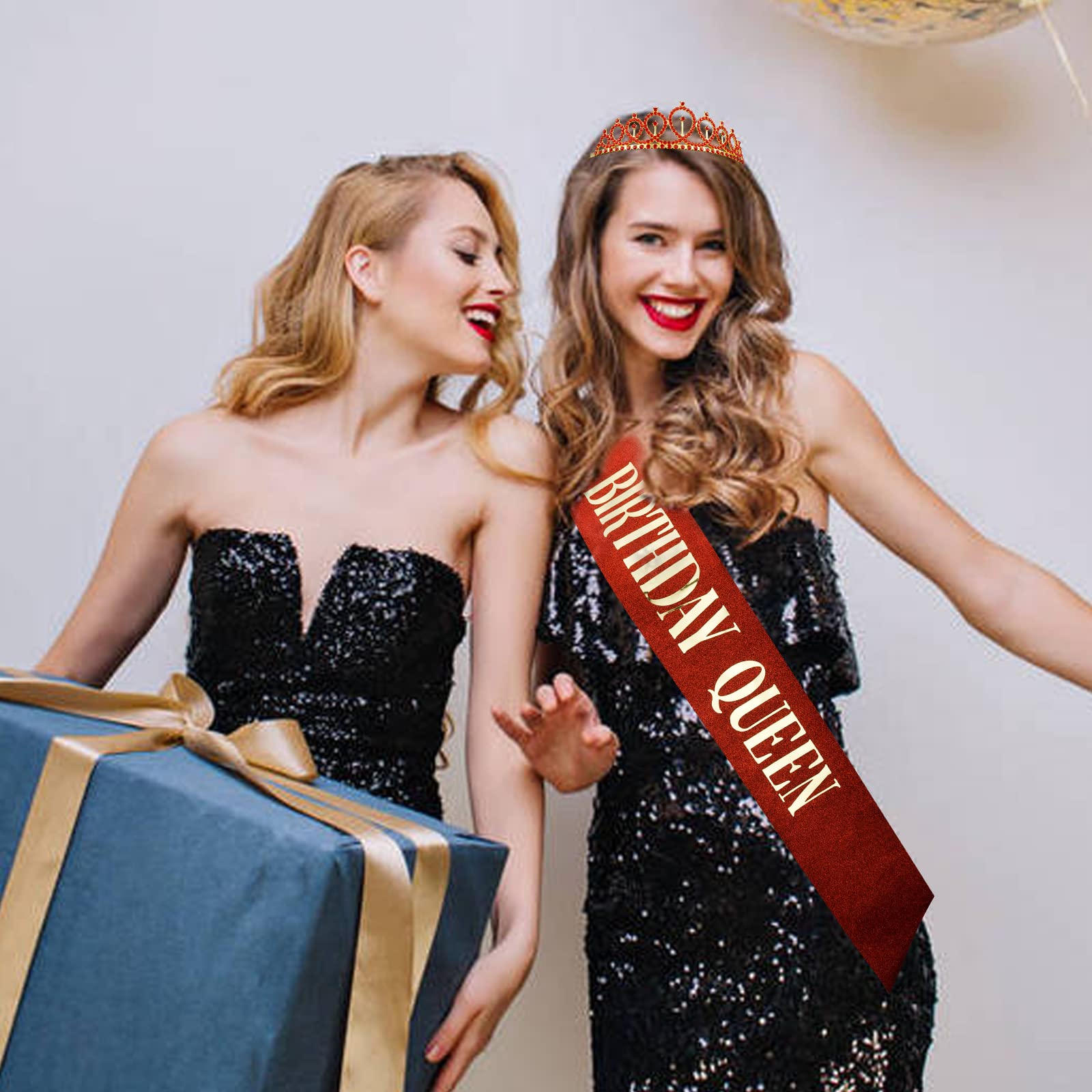 Birthday Queen Sash & Crystal Tiara Set - Elegant Red Rhinestone Crown & Glitter Sash for Women & Girls | Perfect for Birthday Parties, Bachelorette, Pageants & Special Celebrations
