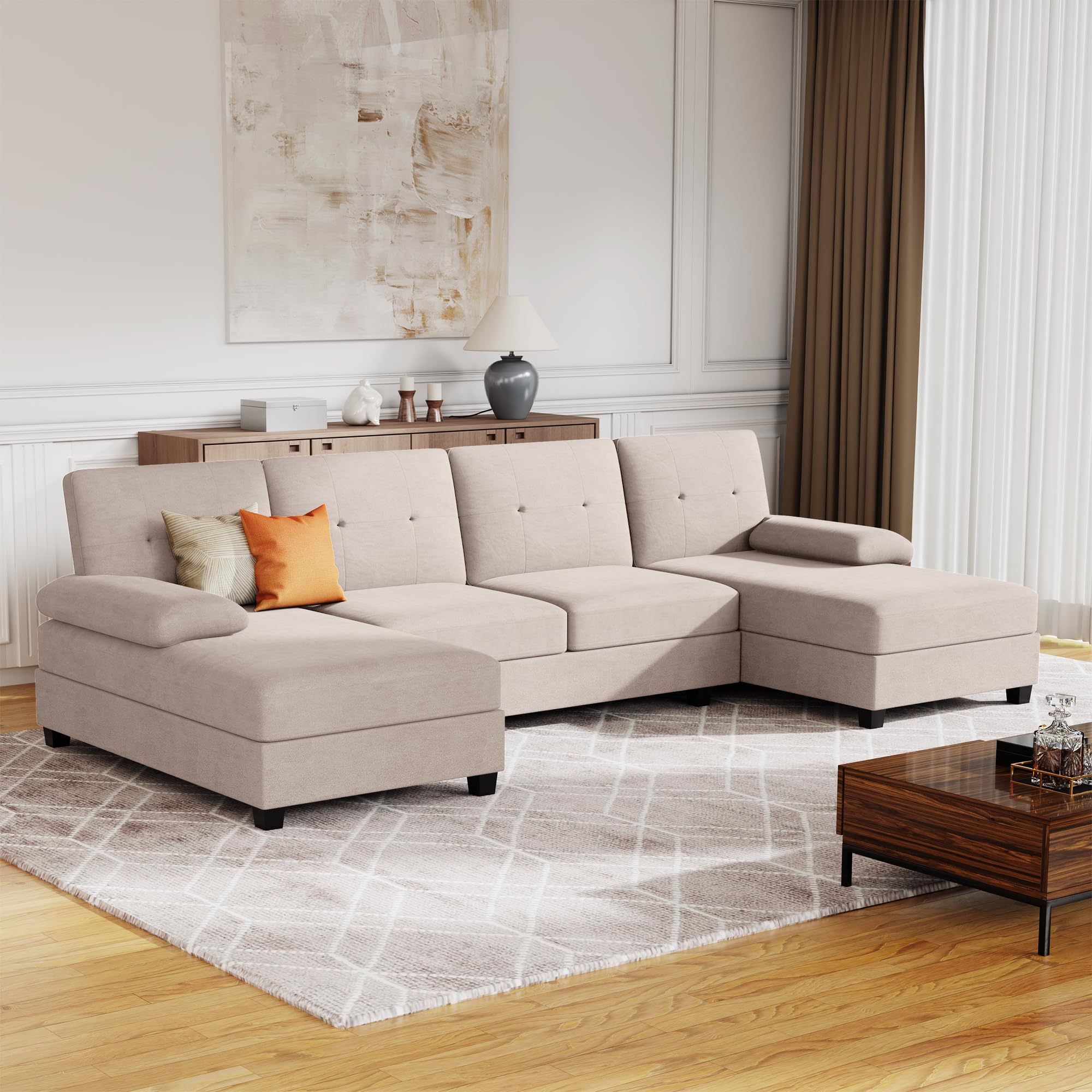 JAMFLY U-Shaped Sectional Sofa - 4-Seat Modular Couch with Chaise Lounge, Dark Beige Fabric Living Room Furniture Set | Perfect for Family Gatherings & Home Theater Lounging