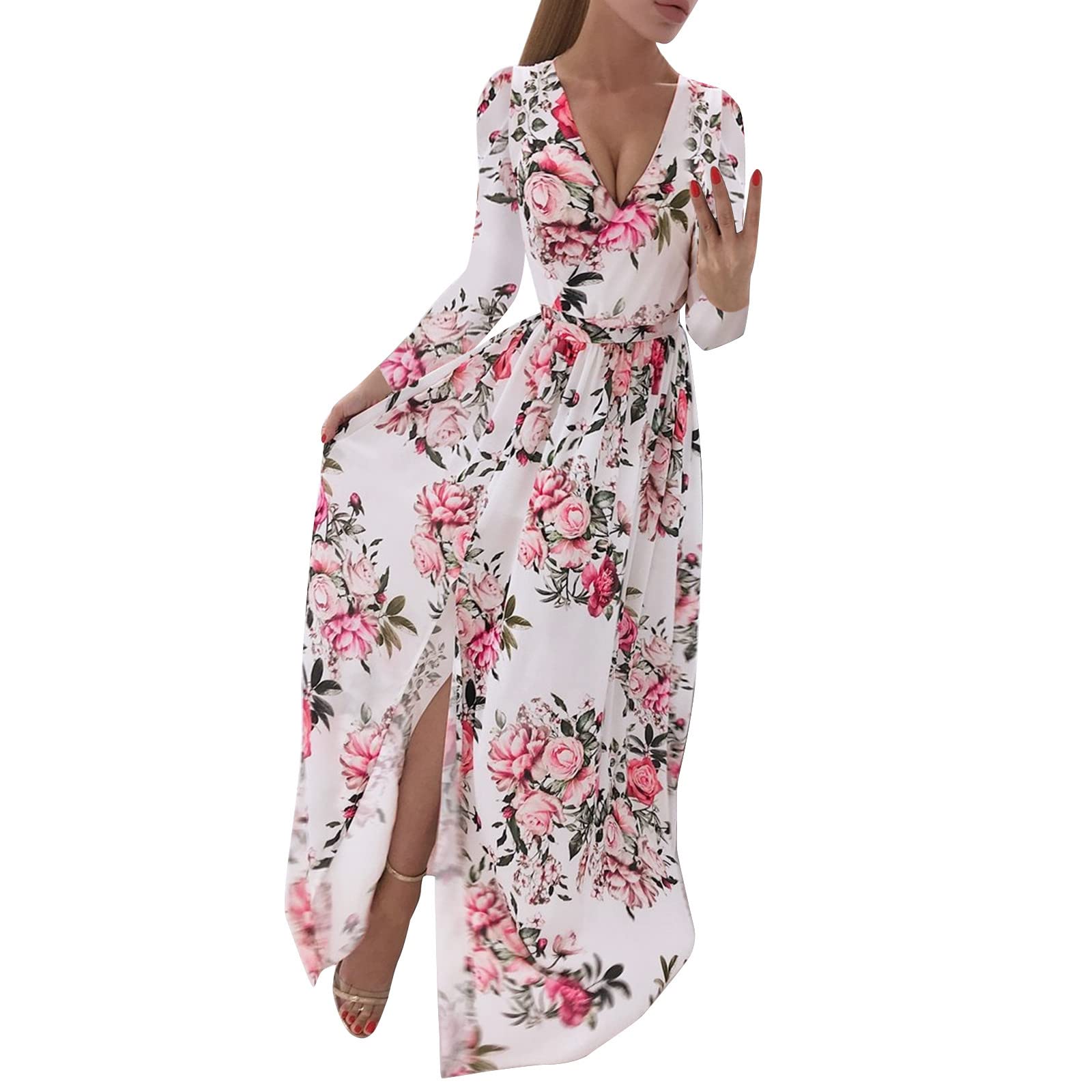 Elegant Women's Long Sleeve V-Neck Chiffon Boho Floral Print Dress - Perfect for Casual Outings, Date Nights & Special Occasions