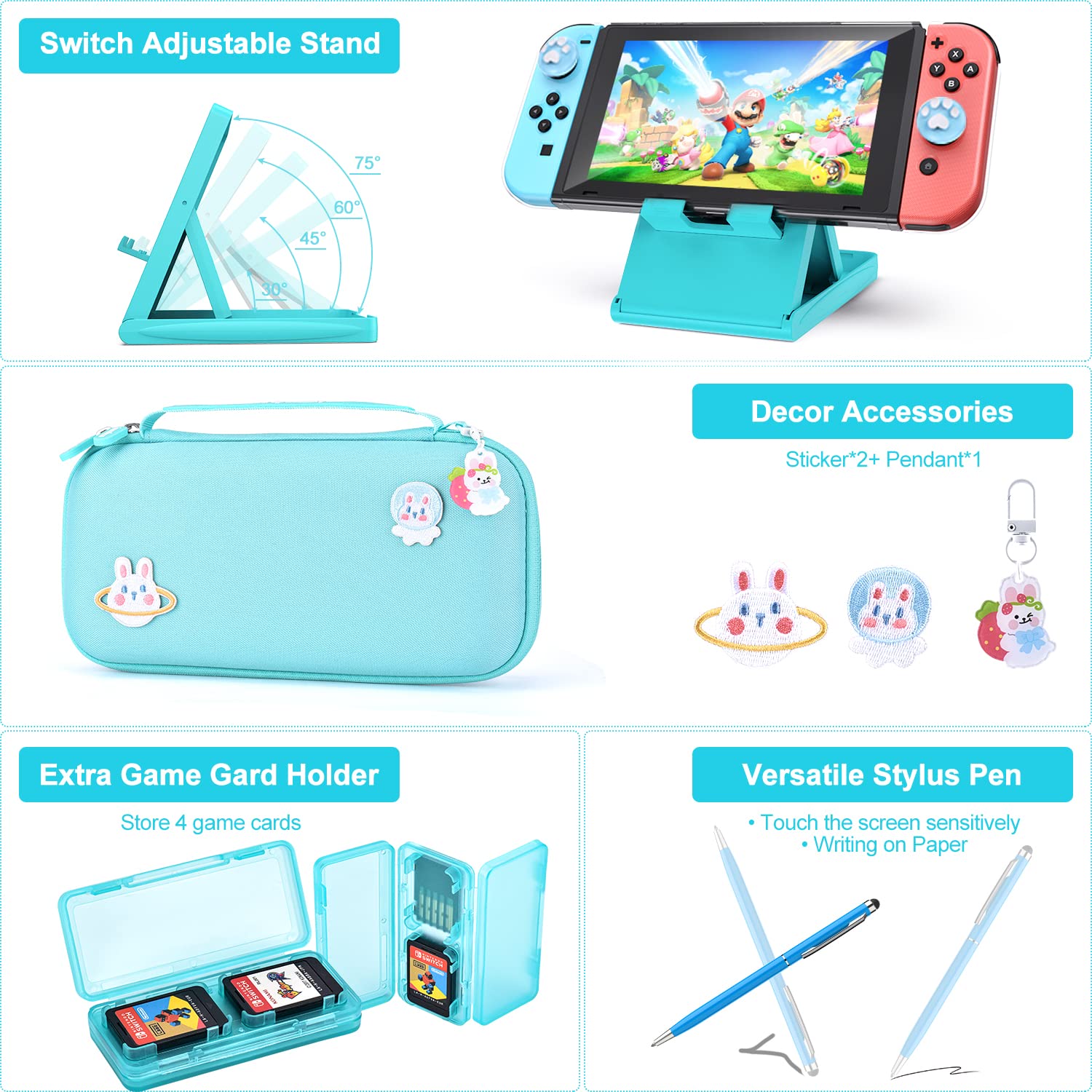 InnoAura 18-in-1 Nintendo Switch Accessories Kit - Protective Case, Game Storage, Screen Protector, Stand & Joy-Con Caps (Blue) | Perfect for Travel, Gaming Parties & Switch OLED Protection