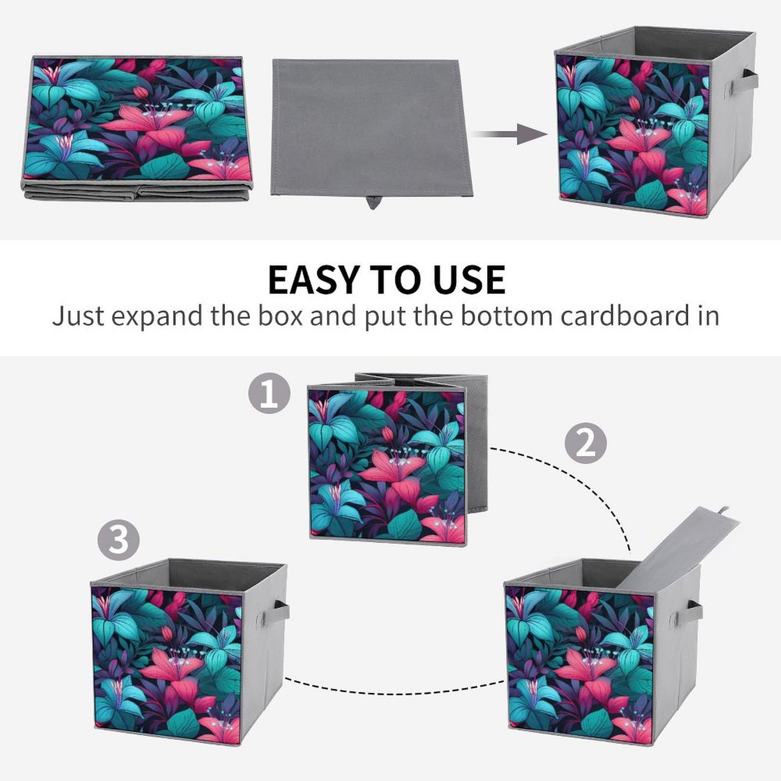 Foldable Storage Cubes with Handles - Tropical Flowers Organizer for Home & Office