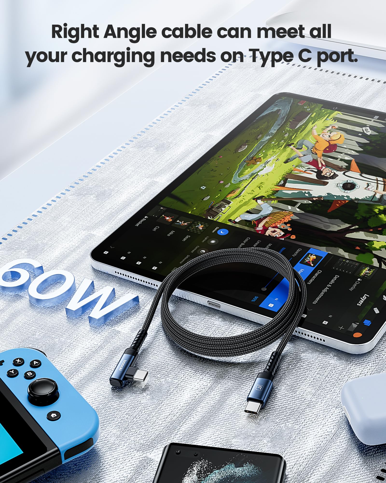 60W USB C to USB C Cable [2-Pack 6.6FT] - Right Angle PD 3.0 Fast Charging Cable for iPhone 16 Pro Series, MacBook Pro/Air, iPad Pro/Air, Dell XPS 13/15, Galaxy S24 Ultra, PS5 Controller - Perfect for Home, Office & Travel Charging