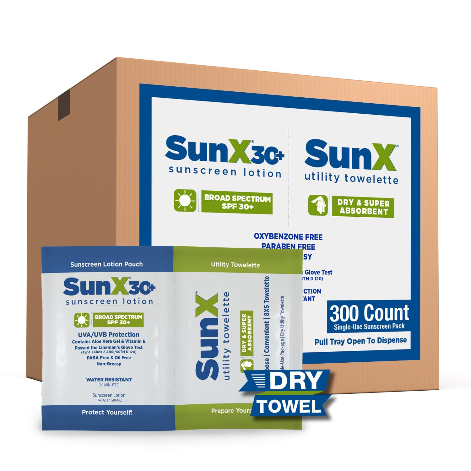 CoreTex Sun X 30+ Broad Spectrum Sunscreen Packets (300 Count) & Dry Towels Kit - Paraben, Oxybenzone, Octinoxate & Oil Free - No White Cast, 80-Minute Water & Sweat Resistant | Perfect for Beach, Pool & Outdoor Activities