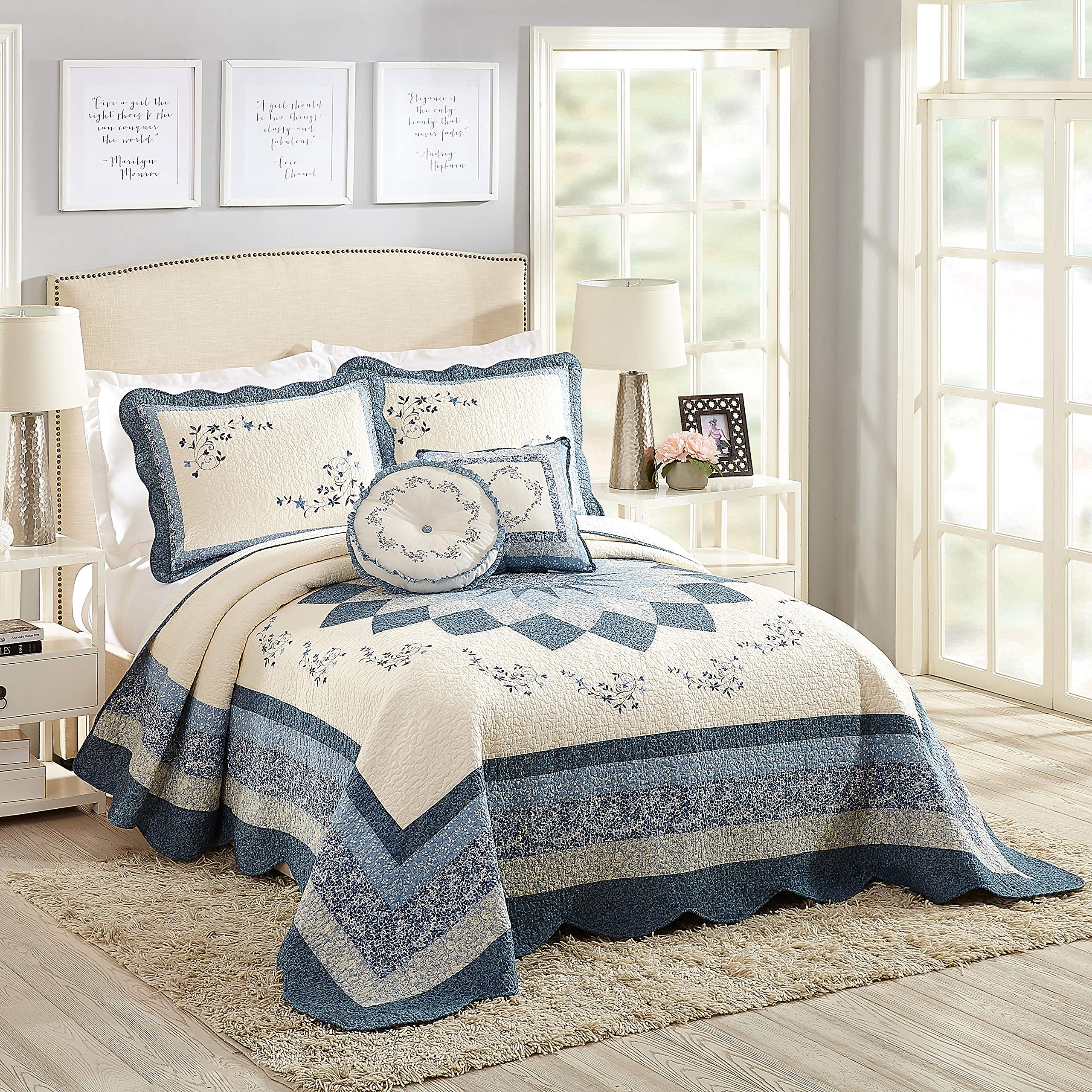 MH Embroidered Blue Floral Bedspread & 14'' Round Pillow Set - Perfect for Cozy Bedrooms & Boho Home Decor