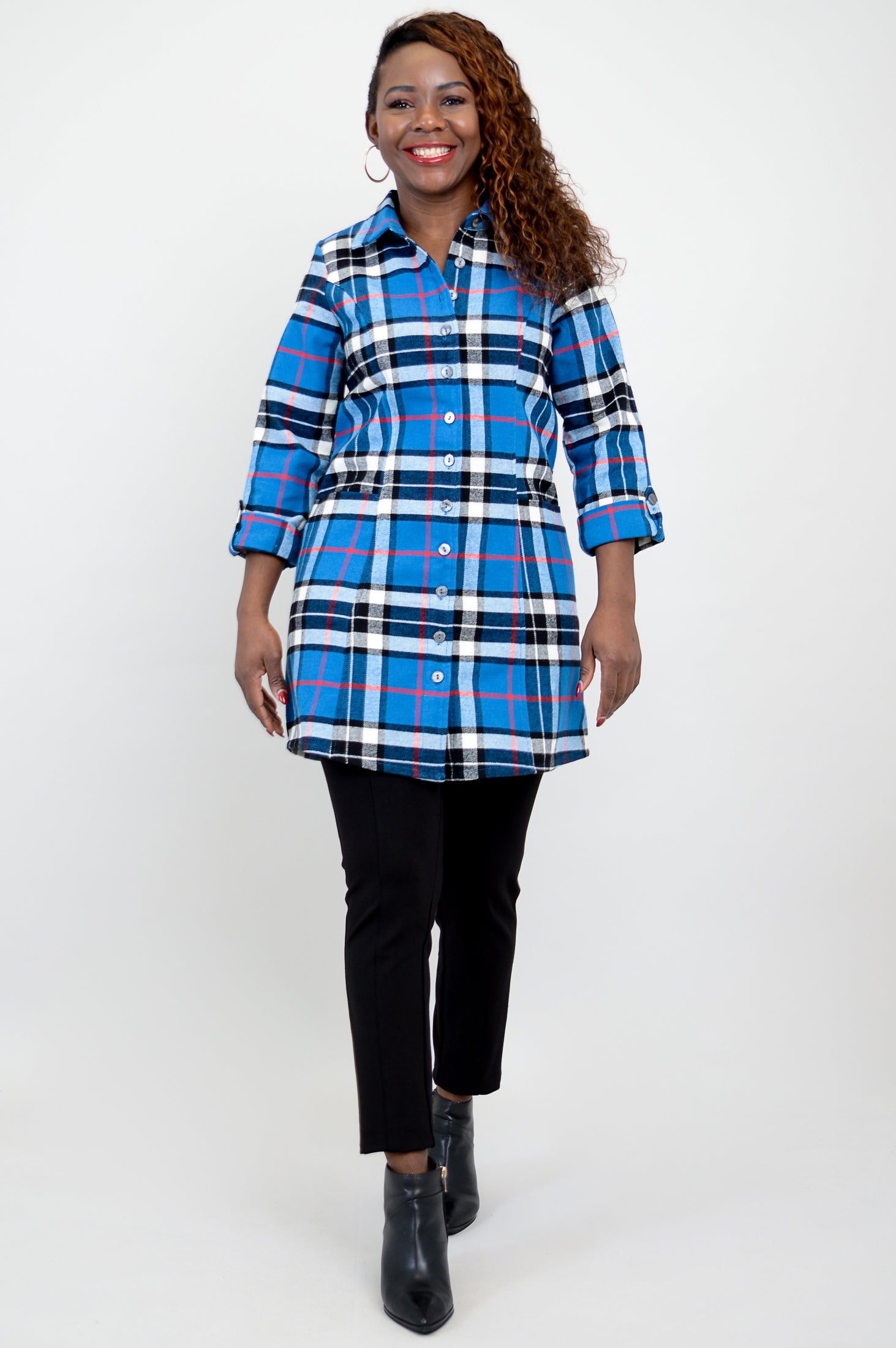 Larissa Tunic Top - French Plaid Cotton Flannel Shirt for Women - Casual Fall & Winter Wear, Perfect for Office, Date Night and Weekend Outings