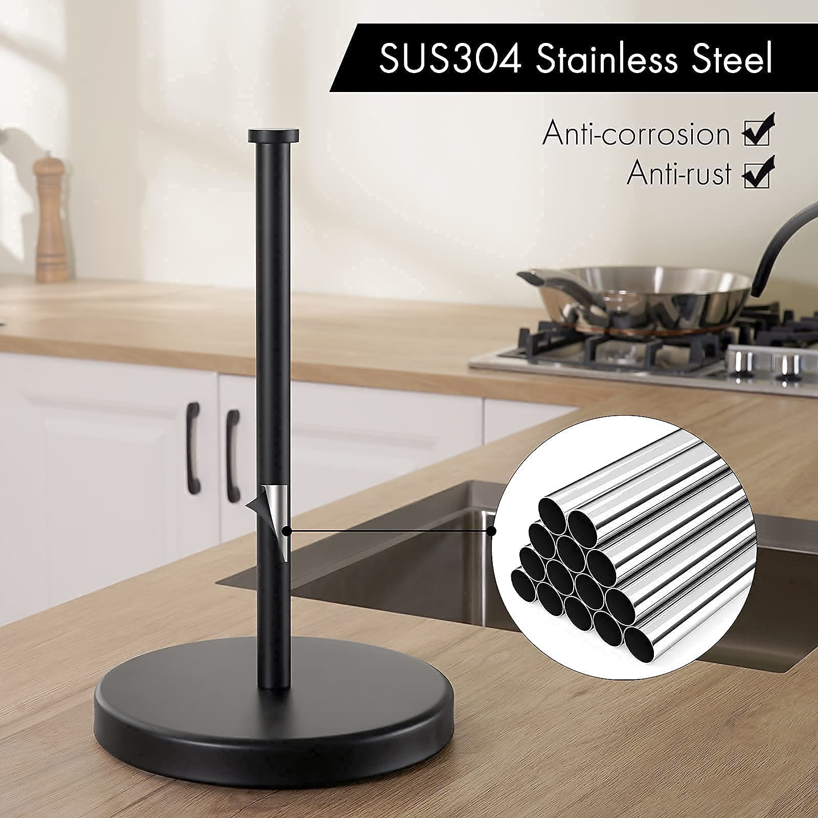 KES Matte Black Paper Towel Holder Stand - Countertop & Bathroom Toilet Paper Organizer (KPH202-BK+BPH283S1-BK) - Perfect for Kitchen, Bathroom & Office Organization