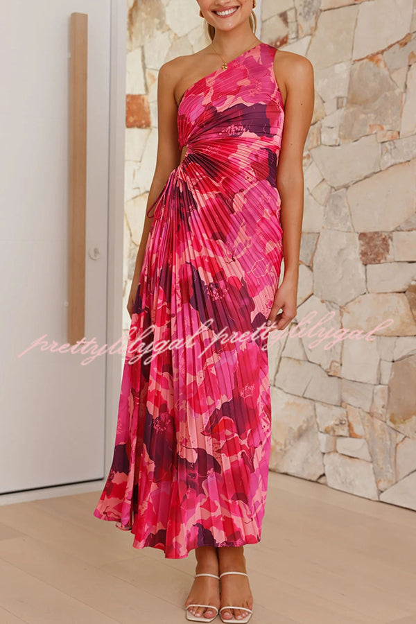 Laken Floral Print One Shoulder Adjustable Tie Cutout Pleated Maxi Dress for Women - Elegant Summer Beach Wedding Party Dress