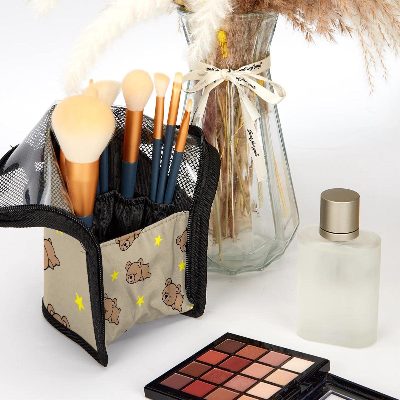 12-Piece Makeup Brush Organizer Bag with Travel Case - Portable Cosmetic Brush Holder Set for Makeup Artists & Beauty Enthusiasts (Good Night & Bear Design) - Perfect for Home, Travel & Professional Makeup Kits
