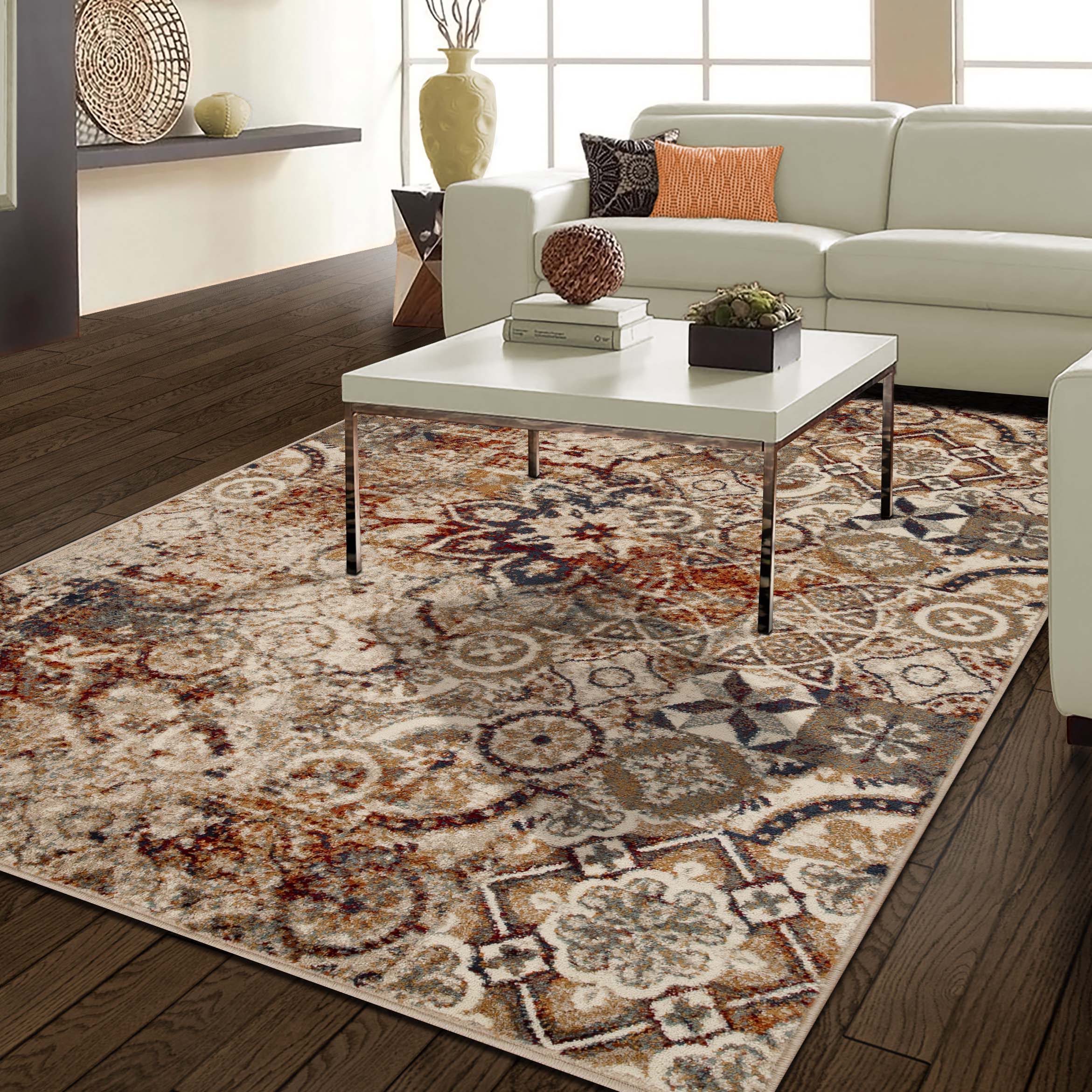 Stylish Rangoli Geometric Medallion Indoor Area Rug - Non-Slip Bohemian Decor for Living Room, Bedroom & Office