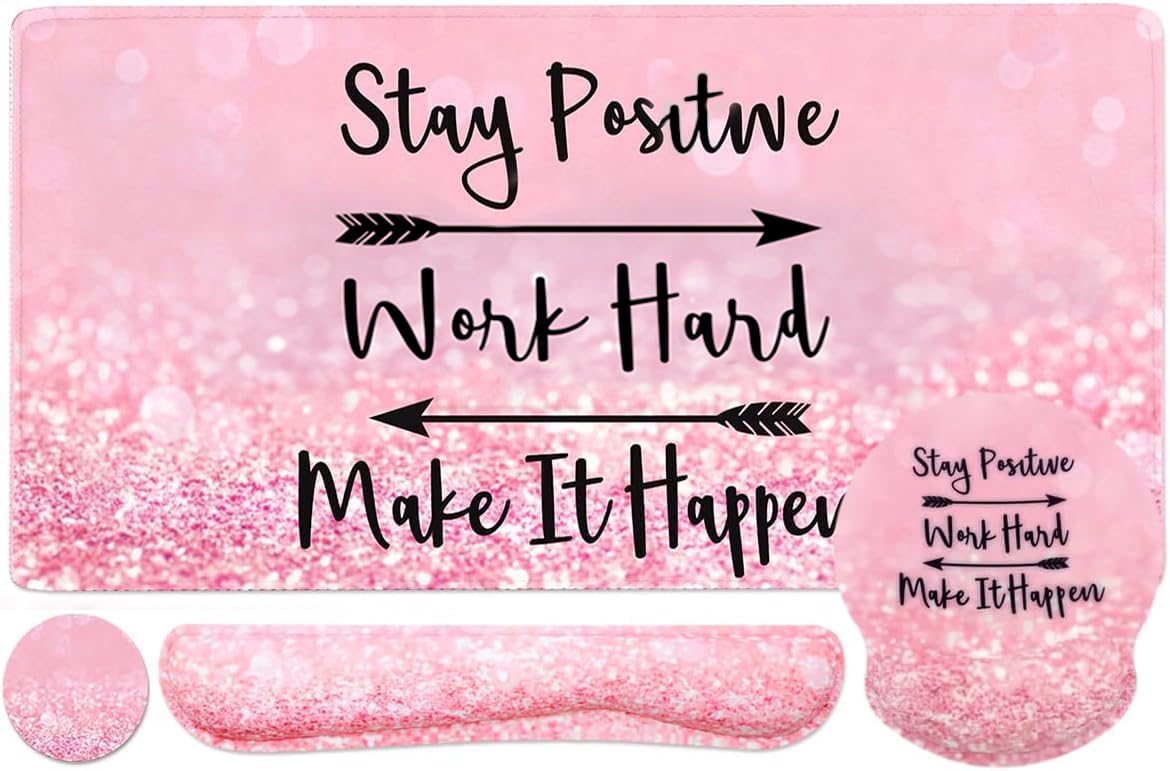 4-in-1 Gaming Mouse Pad Set with Wrist Support - Large Desk Mat, Mouse Pad, Keyboard Wrist Rest & Cup Holder - Ergonomic Design for PC Gaming, Office Work & Home Study (Pink Stay Positive) - Perfect for Gamers, Programmers & Remote Workers