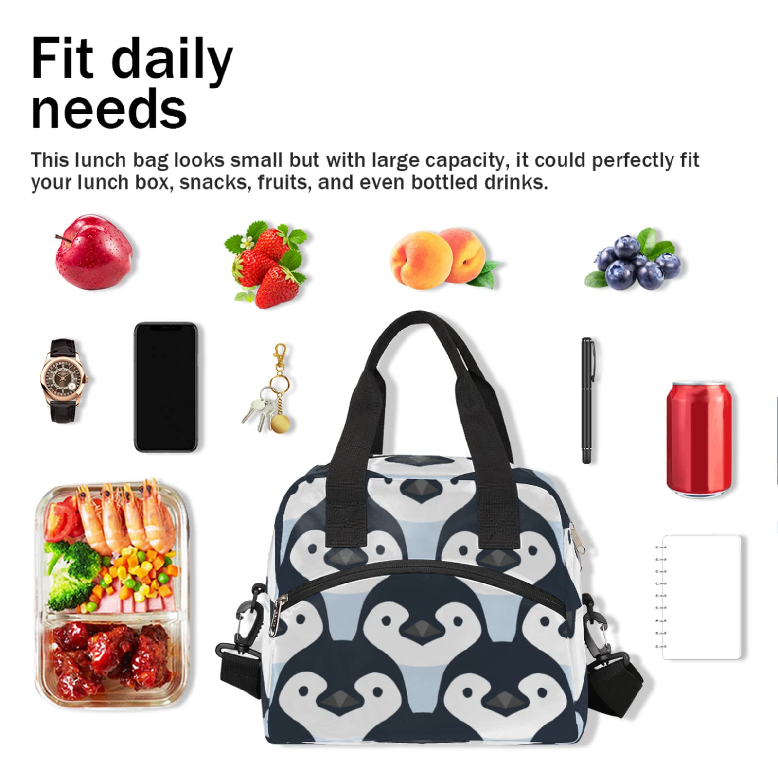 Cute Penguin Insulated Lunch Bag with Front Pocket - Leakproof & Water-resistant Thermal Cooler Tote for Picnic, Hiking, Beach, Work - Includes Adjustable Shoulder Strap for Easy Carrying