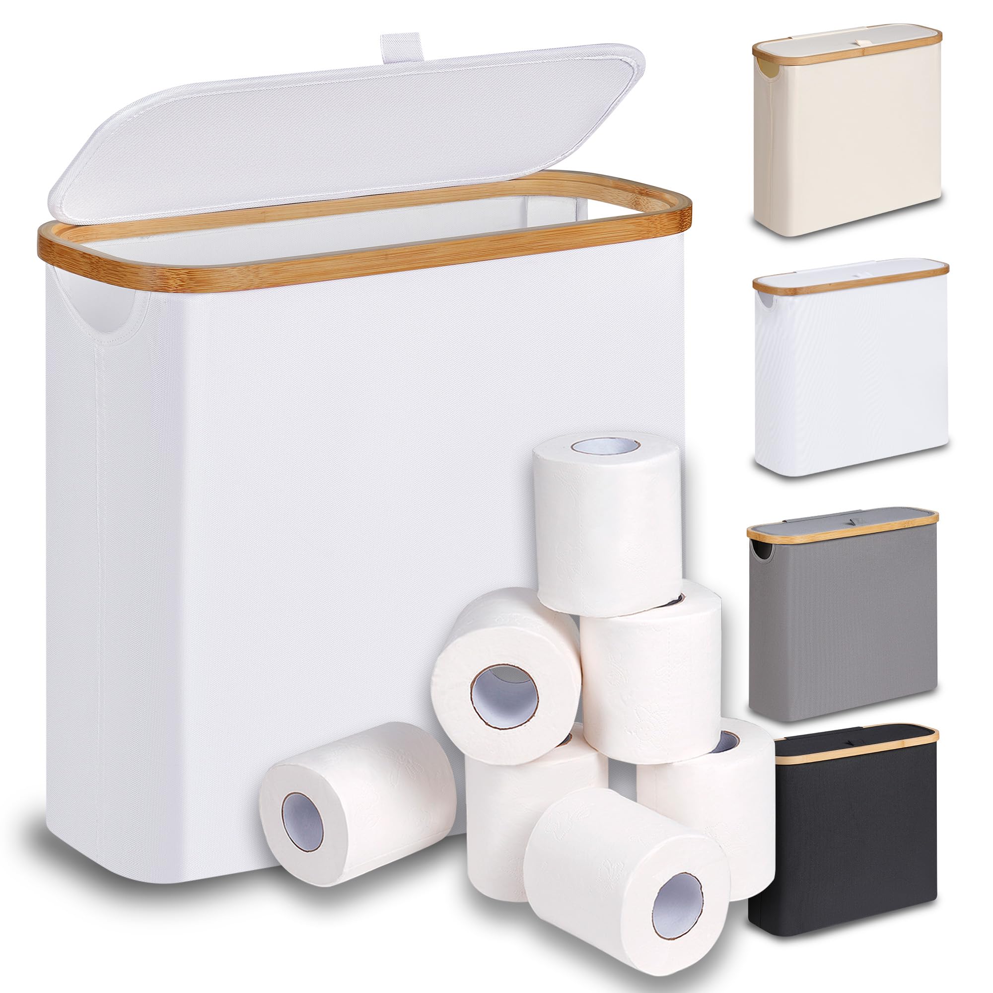 28L White Toilet Paper Basket with Lid - Free Standing Bathroom Storage Organizer Holds 9-12 Rolls | Space-Saving Solution for Small Bathrooms & Apartment Living