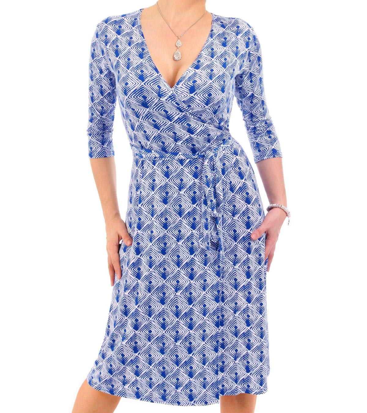 Blue Banana Women's Knee-Length 3/4 Sleeve Graphic Print Wrap Dress - Flattering Summer Casual & Office Wear